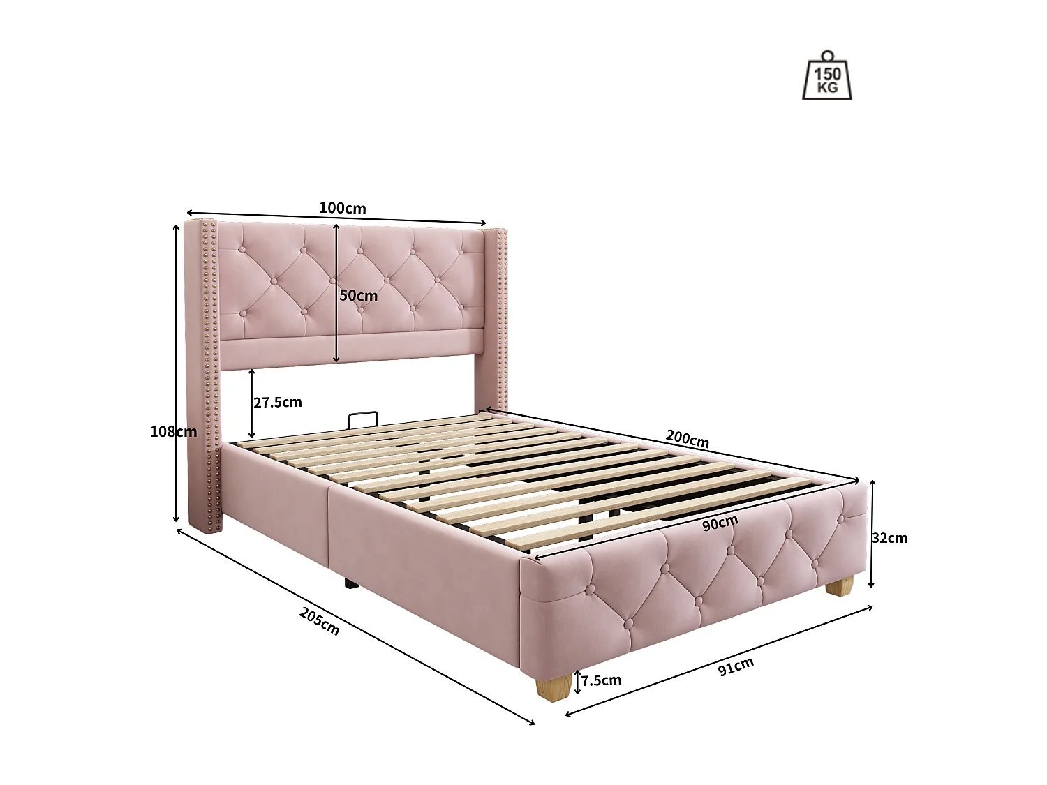Cama individual tapizada en terciopelo - 90x200cm - con somier - Rosa