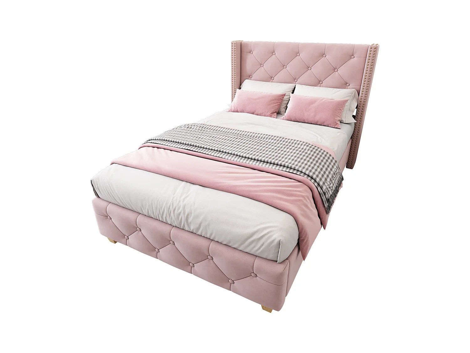 Lit 90x200cm rembourré en velours - avec sommier à lattes - Rose