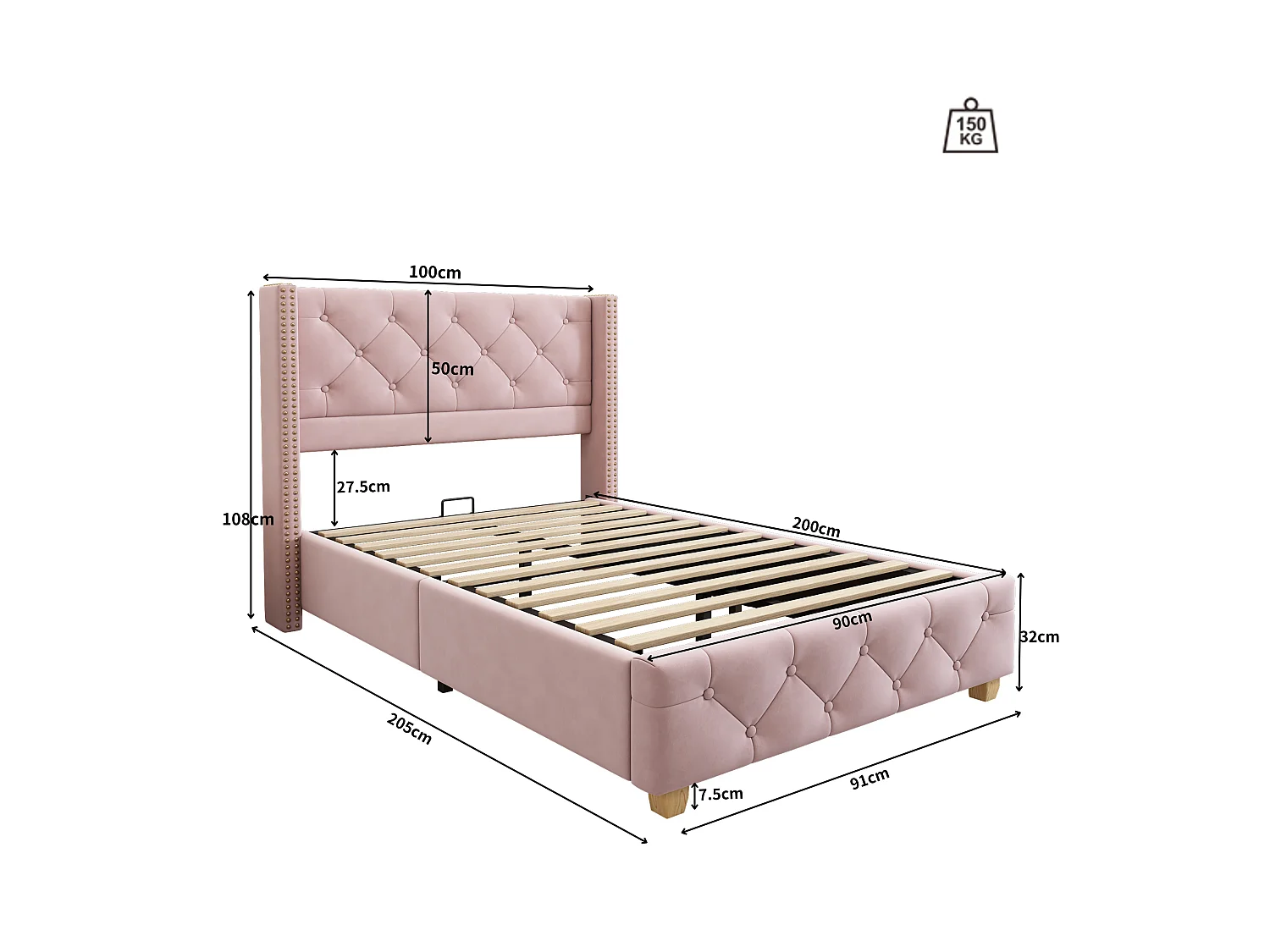 Lit 90x200cm rembourré en velours - avec sommier à lattes - Rose
