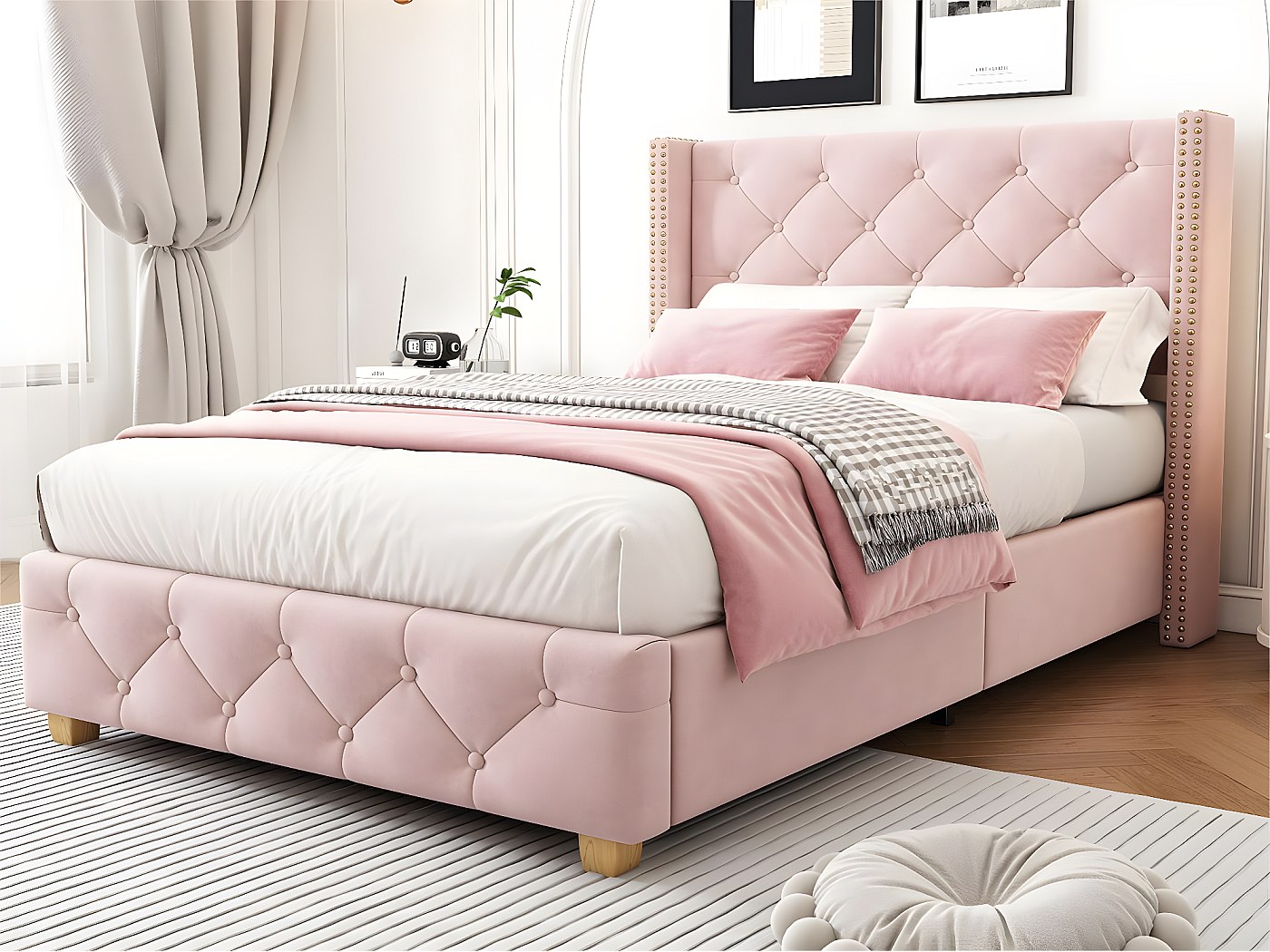 Gestoffeerd Bed Mali 120x200 Beige - Opbergruimte Voor Beddengoed Houten Lattenbodem Doorgestikt Hoofdbord En Bedframe