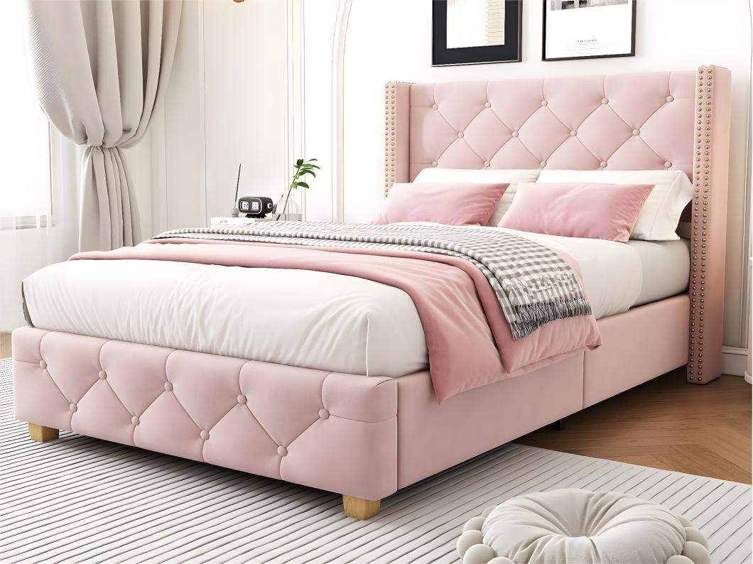 Cama de solteiro estofada em veludo - 90x200cm - com base de ripas - Rosa
