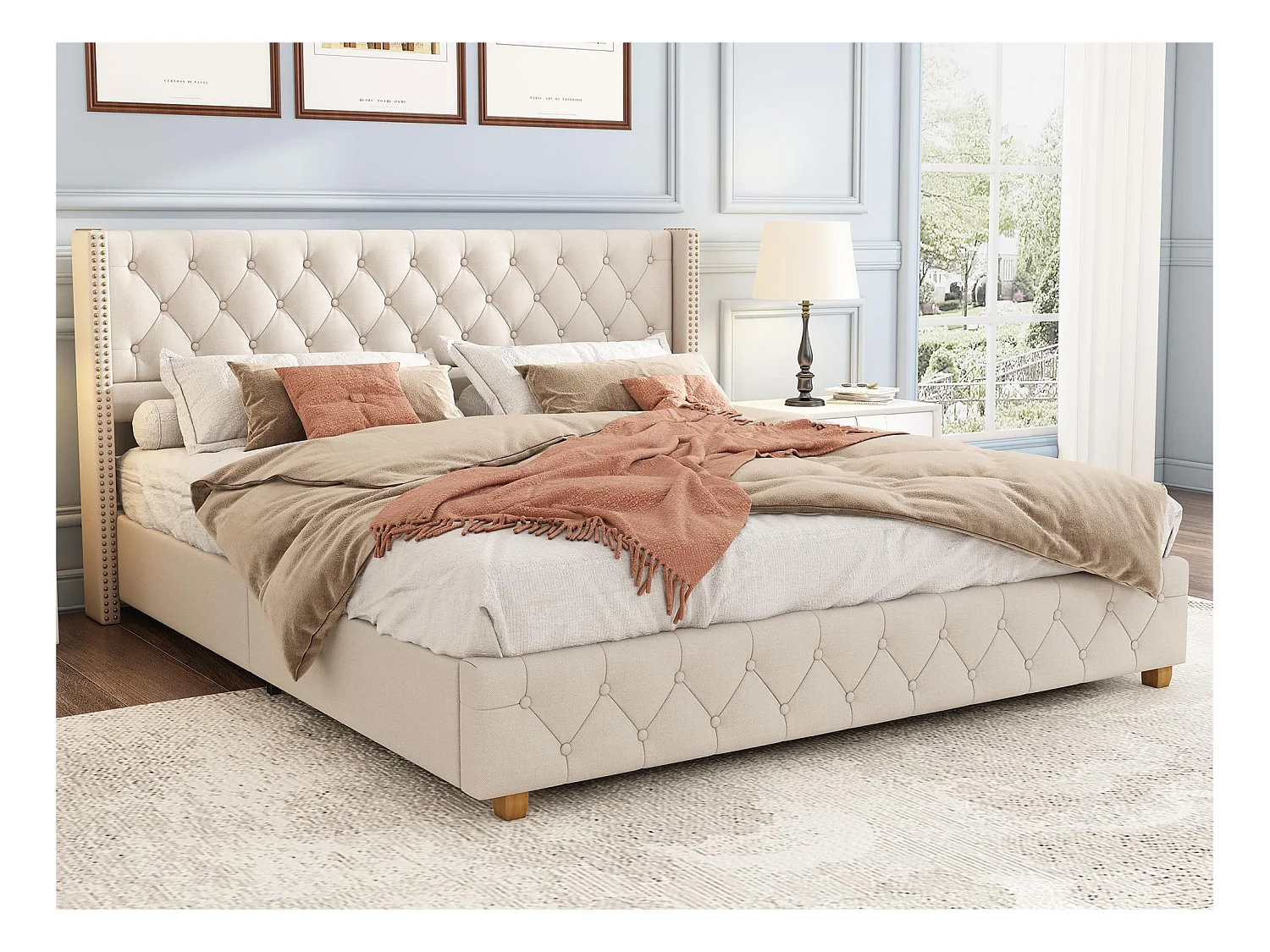 Lit adulte rembourré en lin - 180x200 cm - avec sommier à lattes - Beige