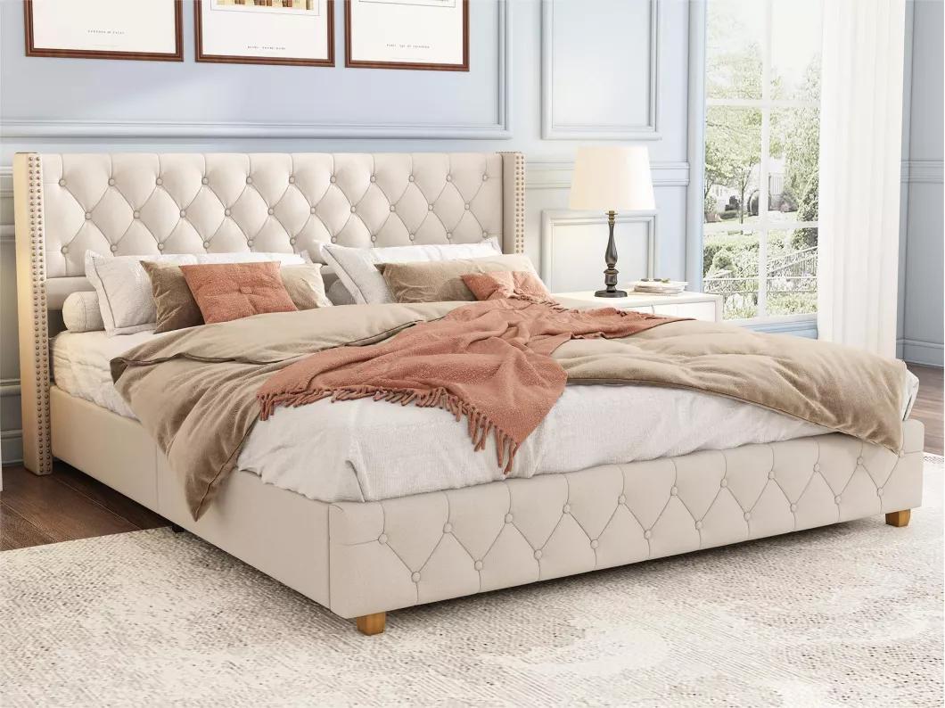 Kauf Unique Mit Leinen gepolstertes Erwachsenenbett – 180 x 200 cm – mit Lattenrost – Beige