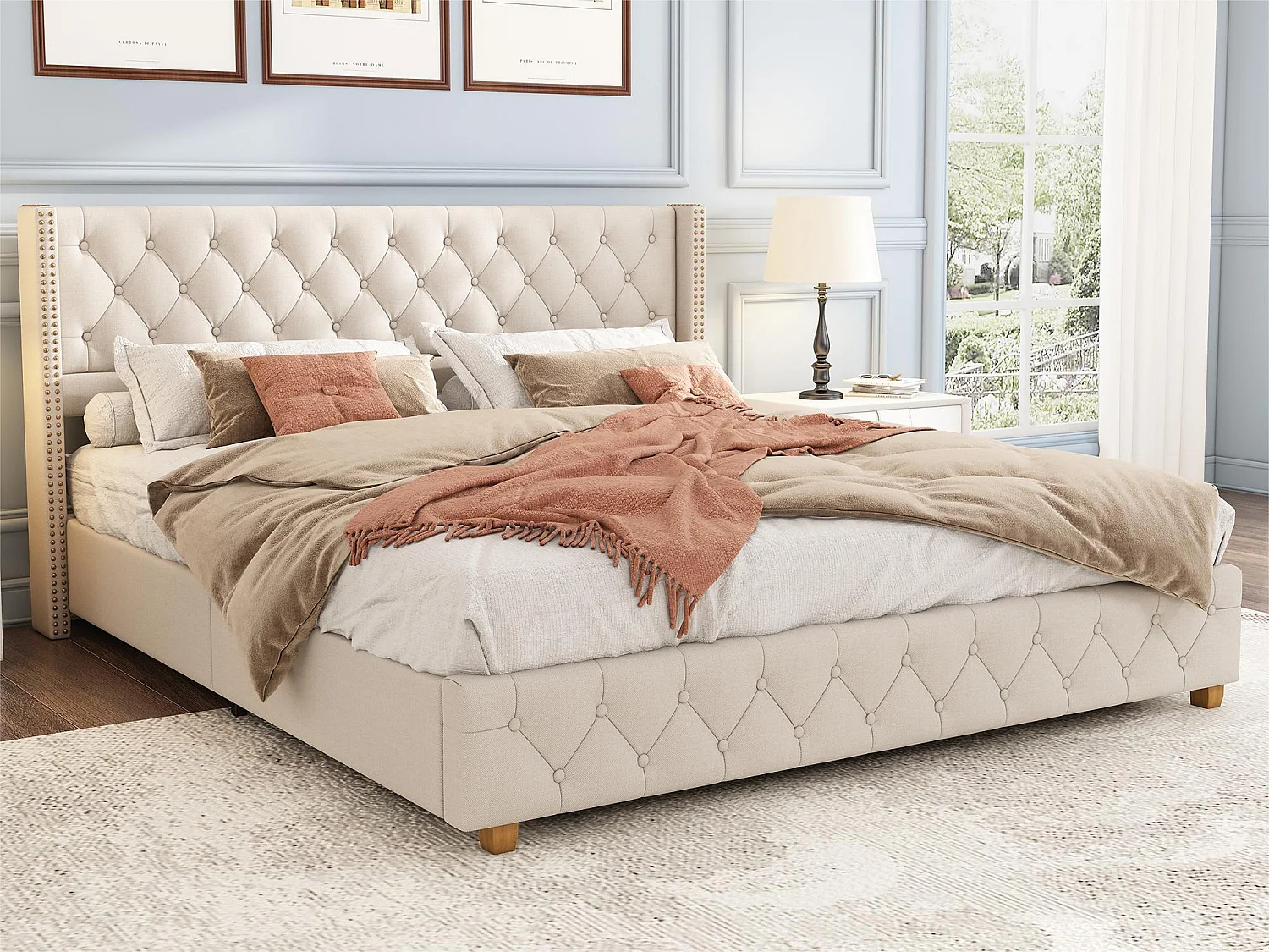 Lit adulte rembourré en lin - 180x200 cm - avec sommier à lattes - Beige