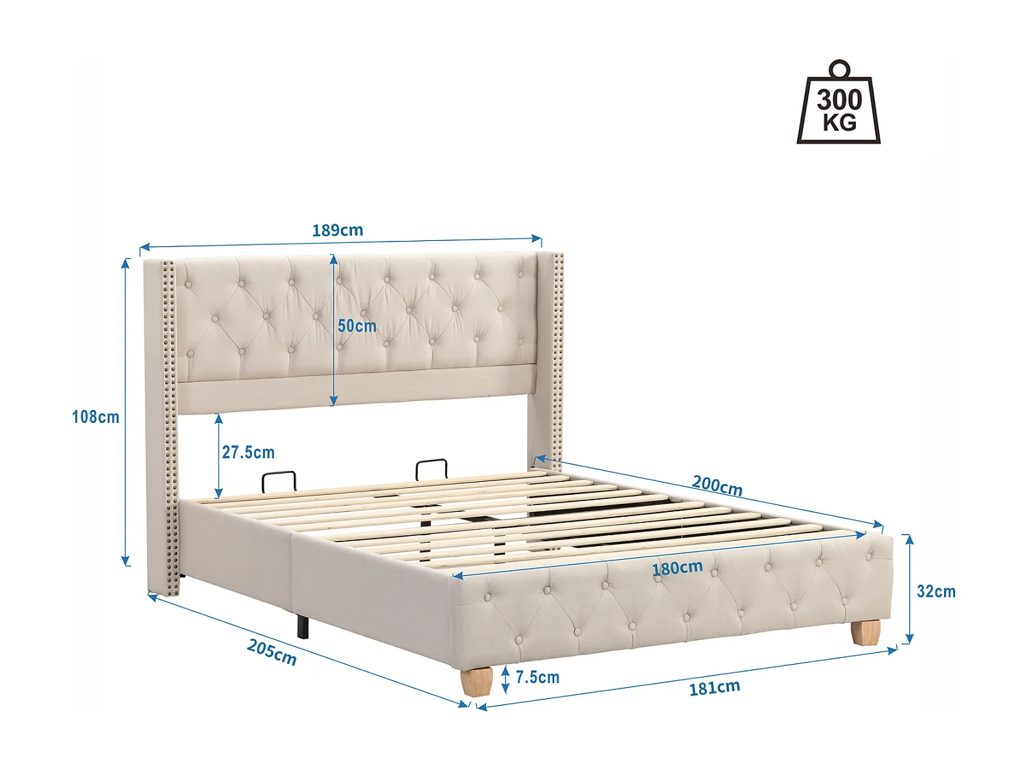 Met linnen opgevuld volwassenenbed - 180x200 cm - met lattenbodem - Beige