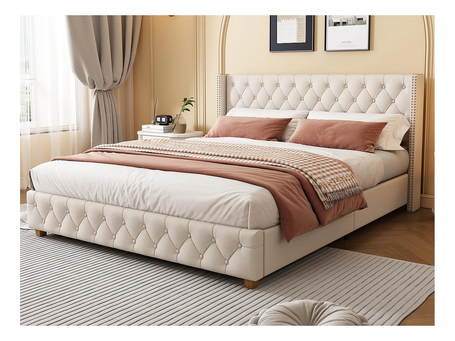Lit adulte rembourré en lin - 160x200 cm - avec sommier à lattes - Beige
