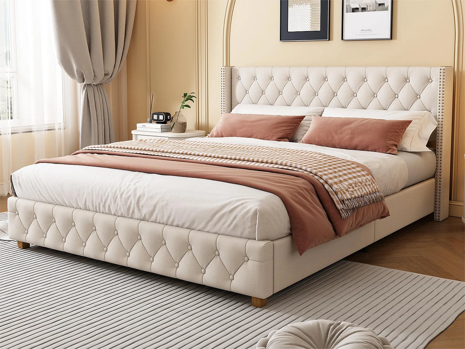 Lit adulte rembourré en lin - 160x200 cm - avec sommier à lattes - Beige