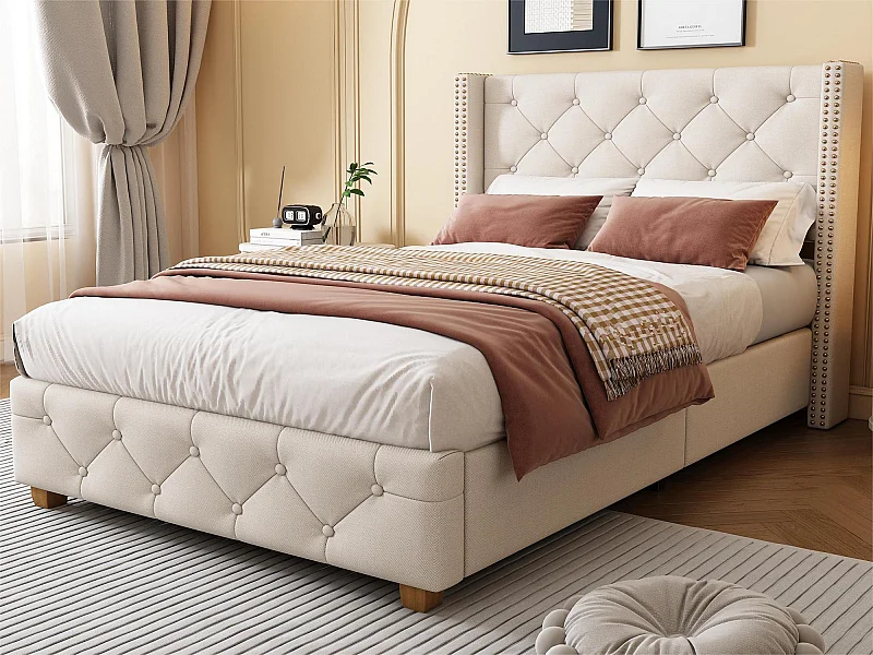 Lit simple rembourré en lin - 90x200 cm - avec sommier à lattes - Beige