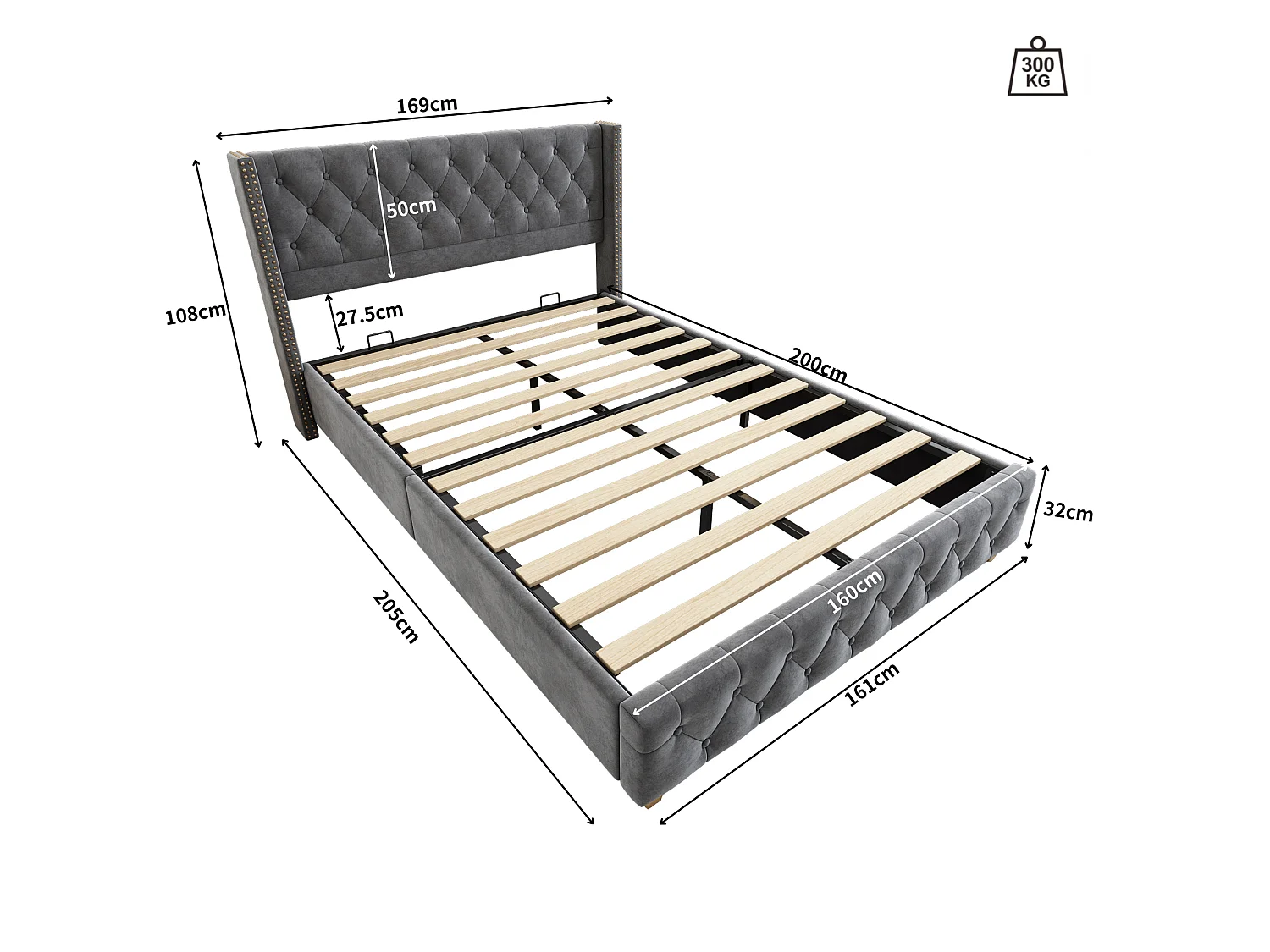 Lit 160x200cm rembourré en velours - avec sommier à lattes - Gris