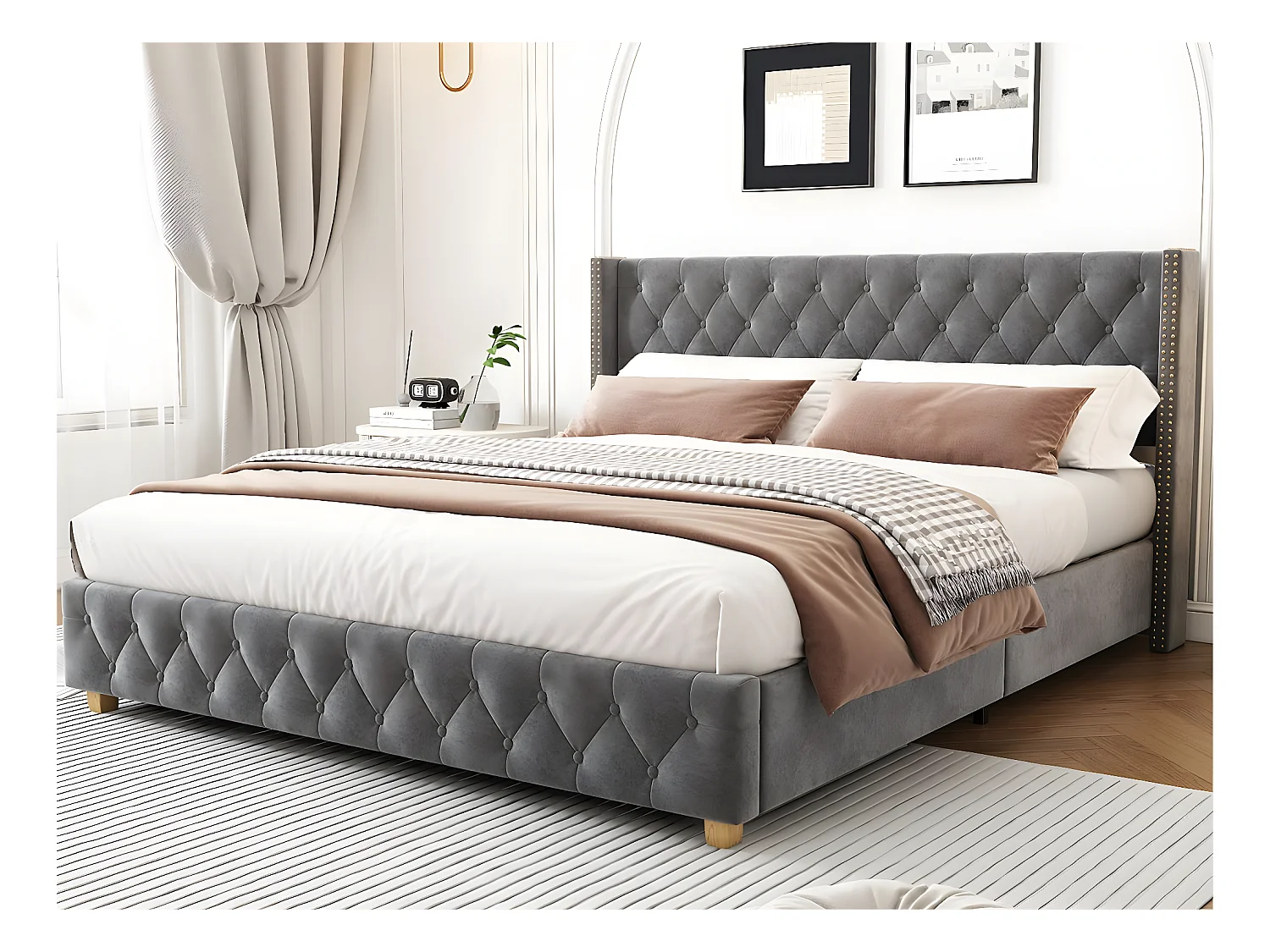 Fluwelen gewatteerd volwassen bed - 160x200cm - met lattenbodem - Grijs