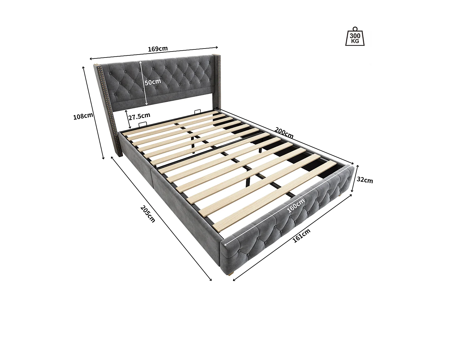 Lit 160x200cm rembourré en velours - avec sommier à lattes - Gris