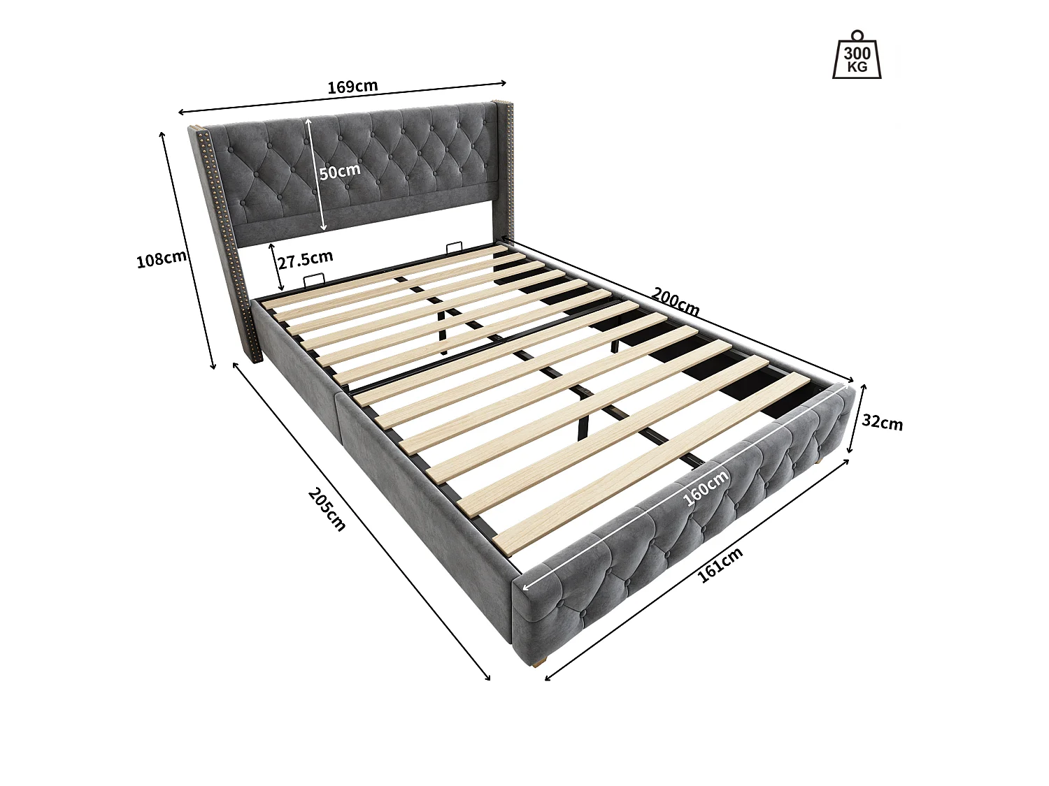 Letto adulto imbottito in velluto - 160x200 cm - con rete a doghe - Grigio