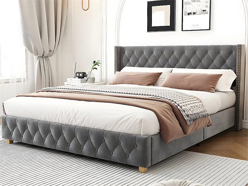 Fluwelen gewatteerd volwassen bed - 160x200cm - met lattenbodem - Grijs