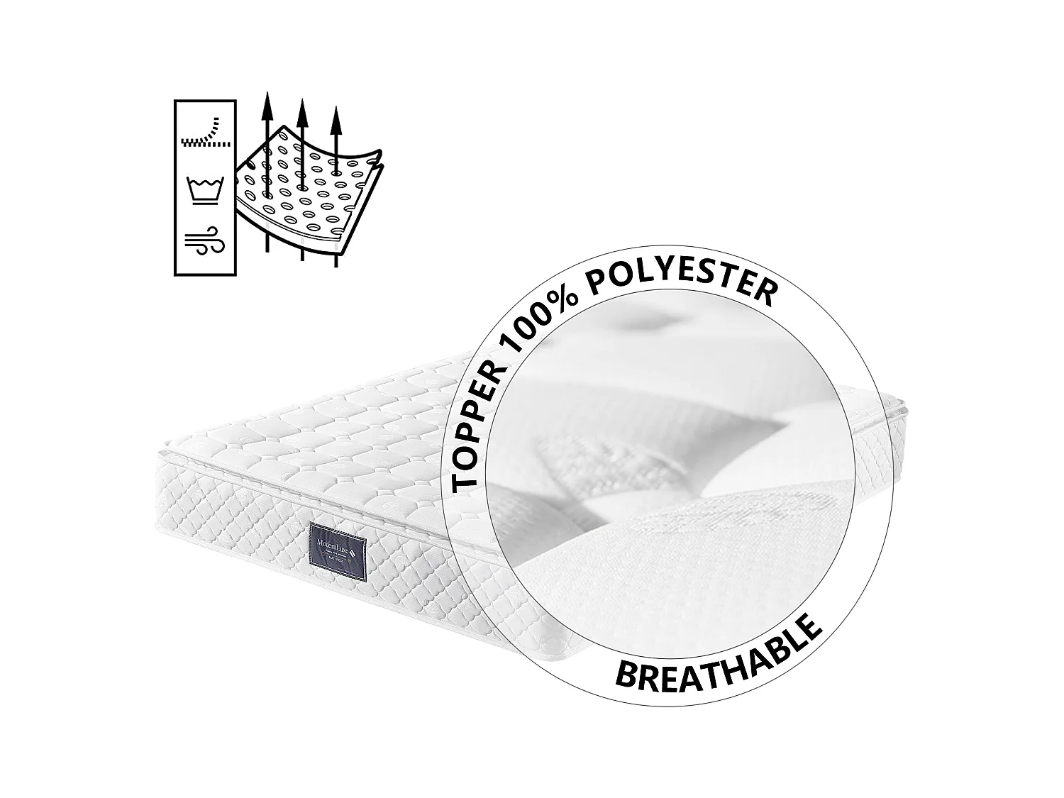 Colchón de muelles 90x200 cm espuma espesor 25 cm - dureza H3 - funda acolchada de microfibra - Blanco