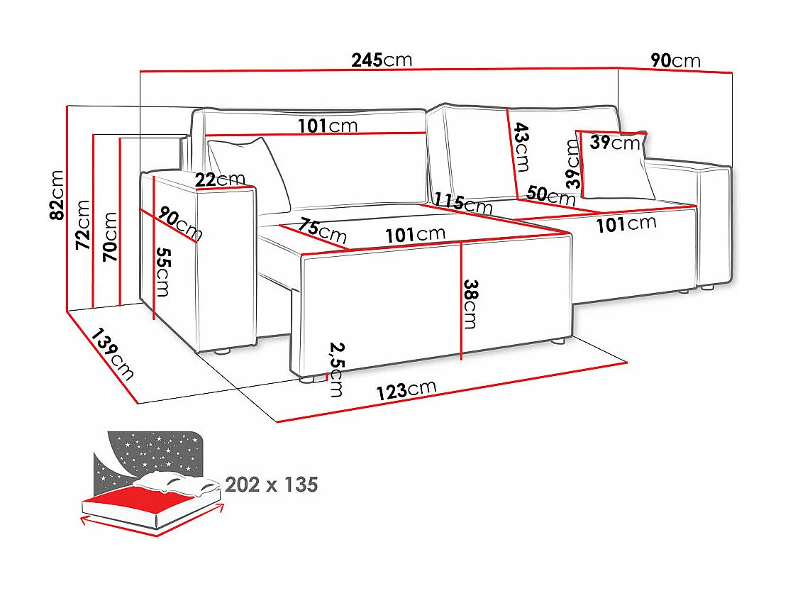 Canapé convertible Shelton 106, Boîte de literie, 82x245x90cm