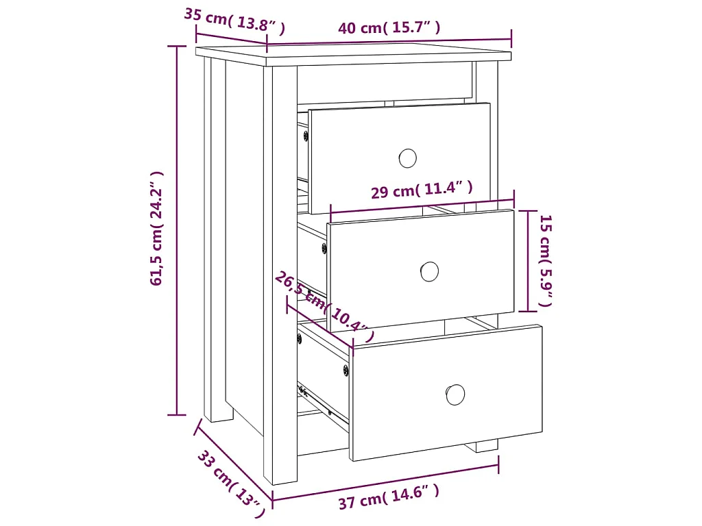 Nachtkastjes 2 st 40x35x61,5 cm massief grenenhout zwart