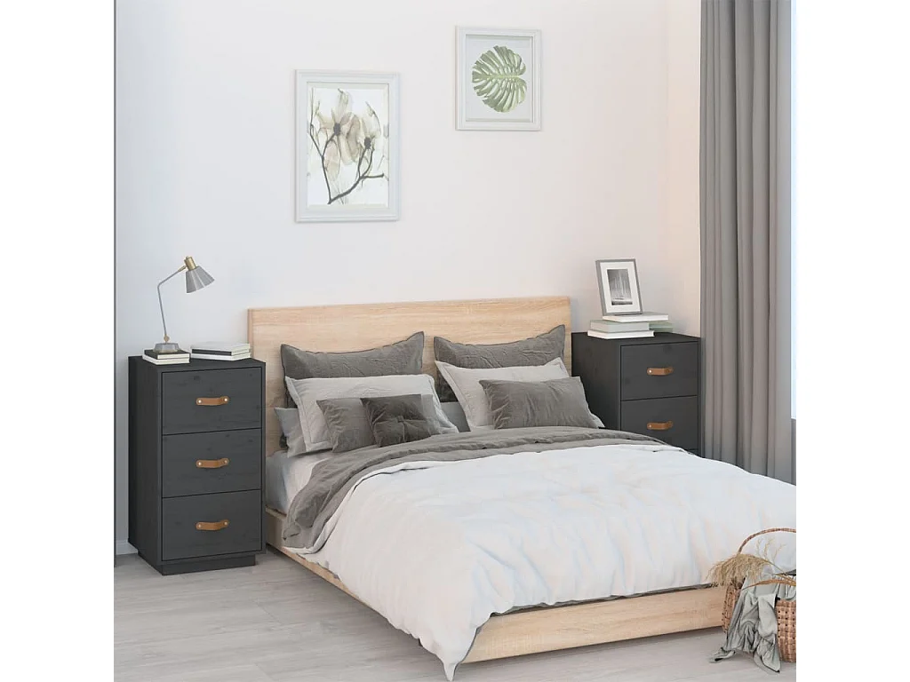 Comodini Grigi 2 pz 40x40x75 cm in Legno Massello di Pino