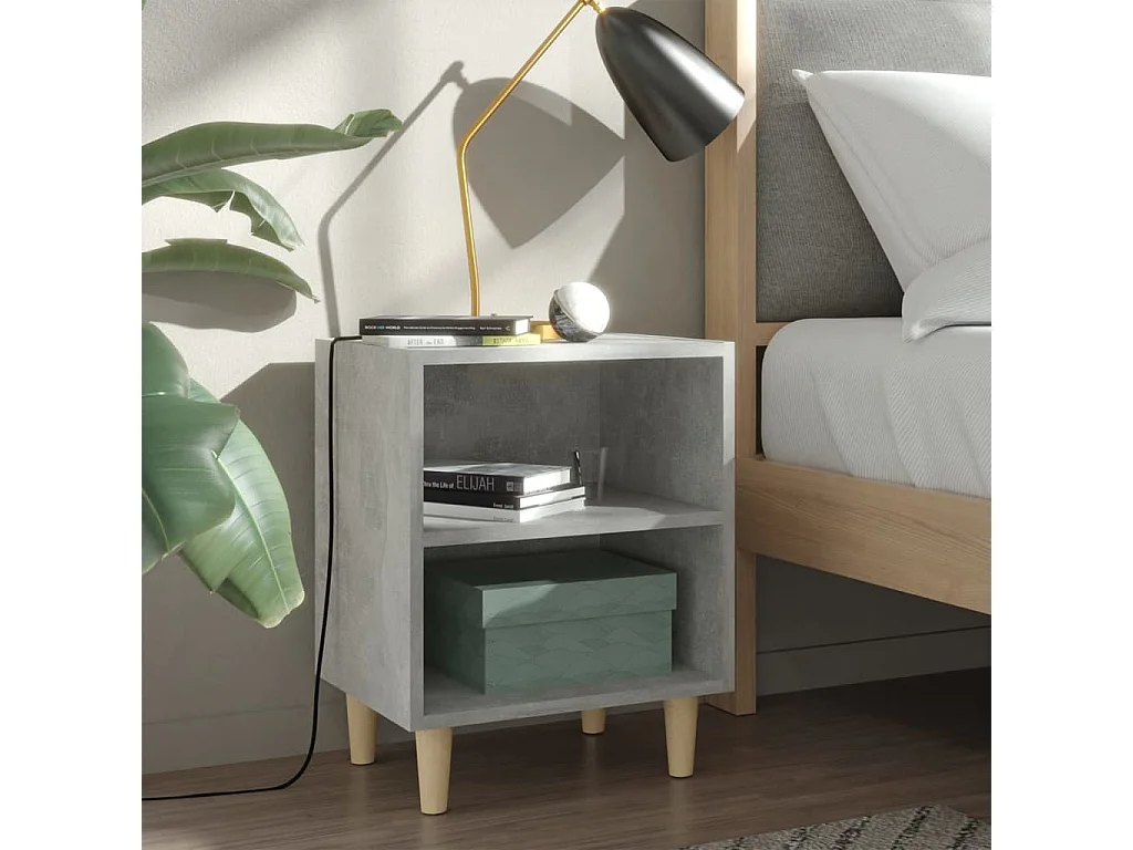 Table de chevet avec pieds en bois Gris béton 40x30x50 cm
