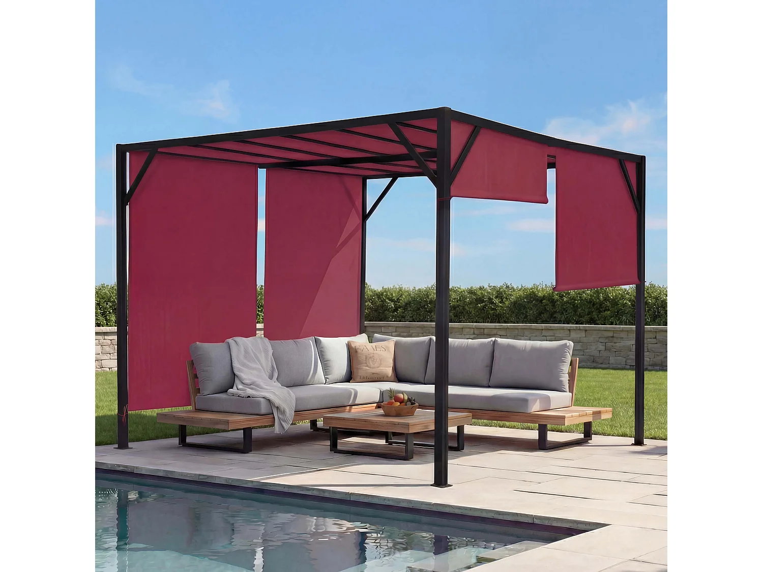 Pergola Baia, Garten Pavillon Terrassenüberdachung, stabiles 6cm-Stahl-Gestell + Schiebedach bordeaux-rot, 3x4m
