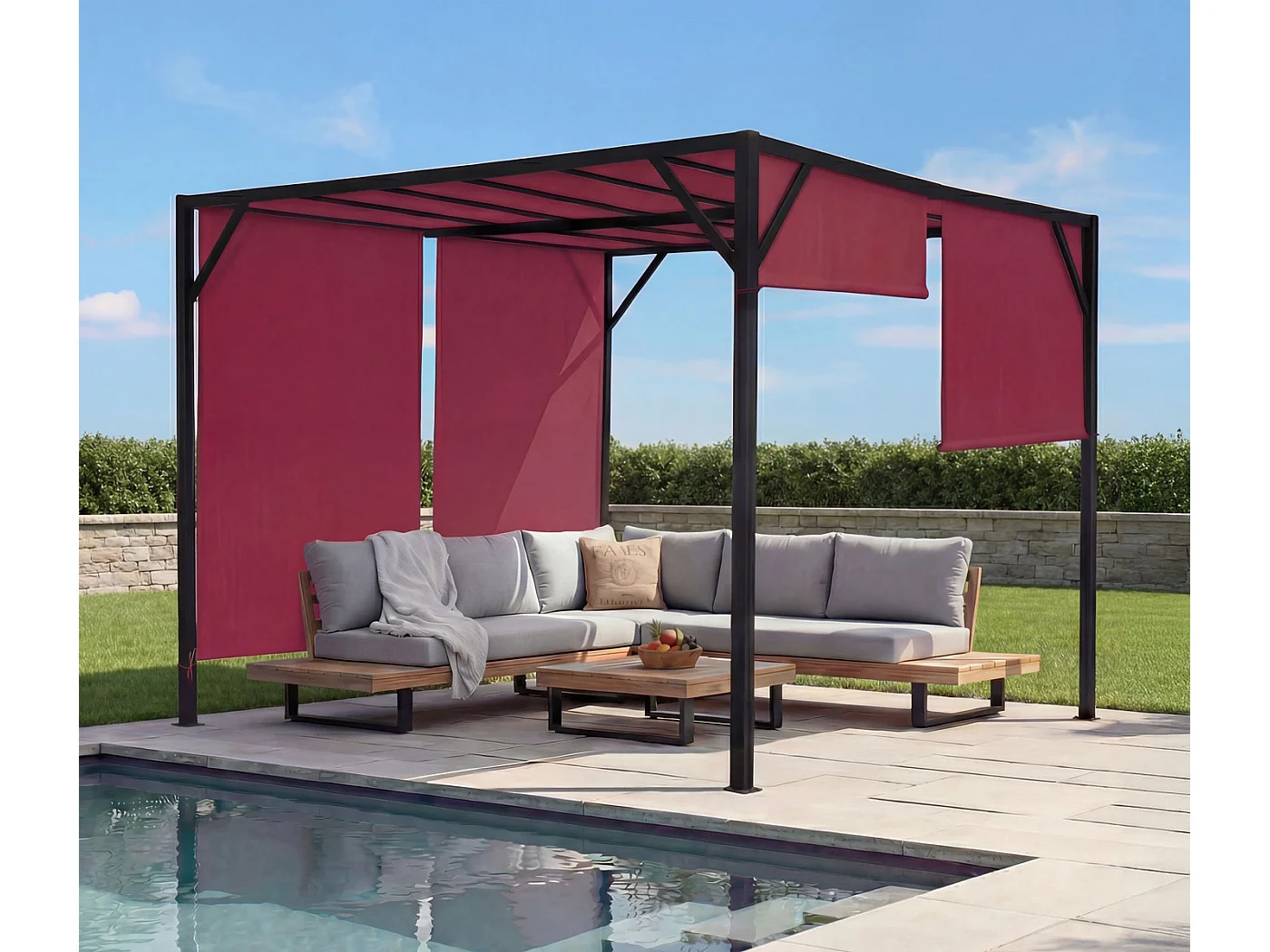 Pergola Baia, Garten Pavillon Terrassenüberdachung, stabiles 6cm-Stahl-Gestell + Schiebedach bordeaux-rot, 3x4m