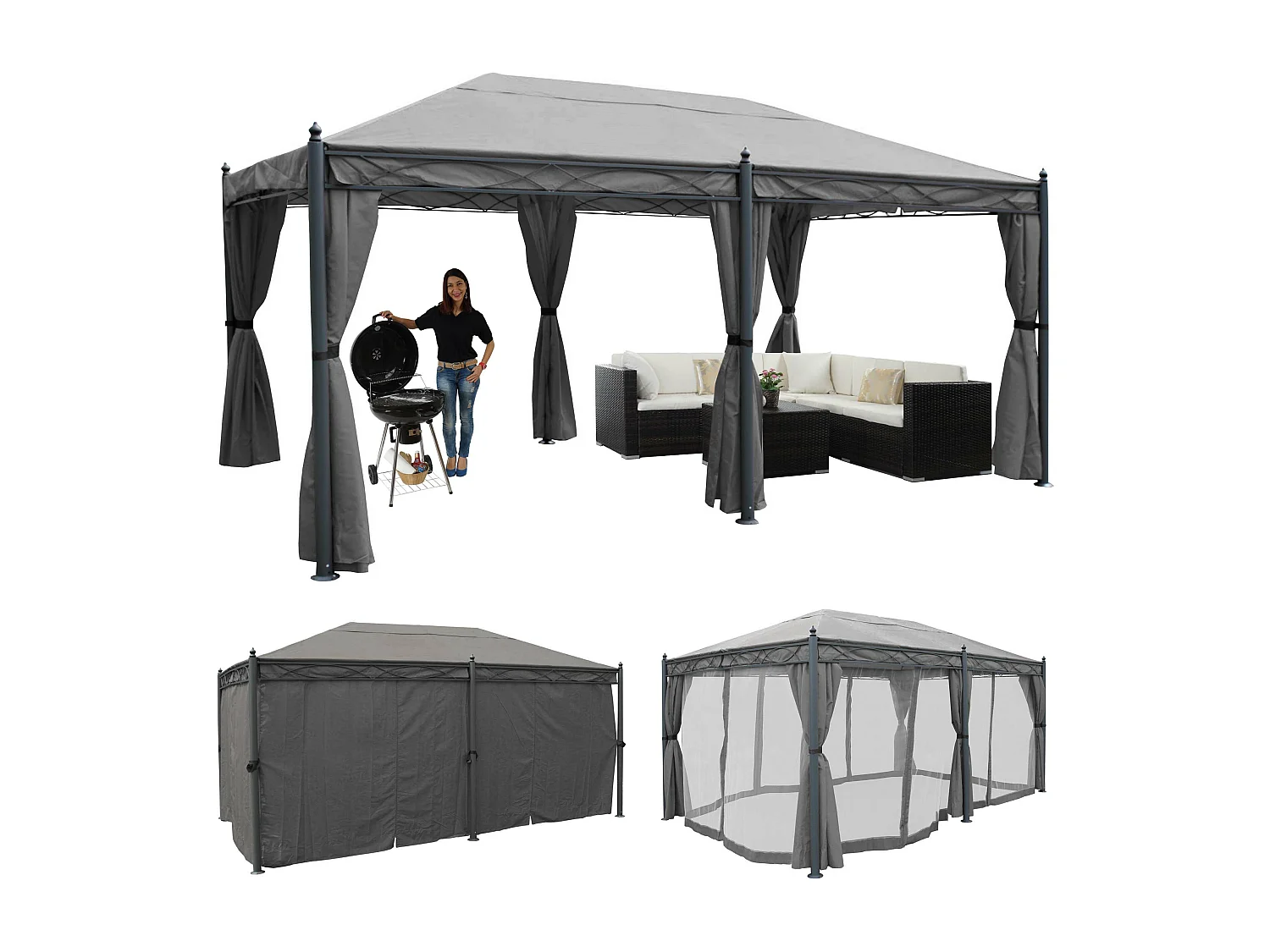 Pergola Calpe IV,  szary z boczną ścianą + moskitiera