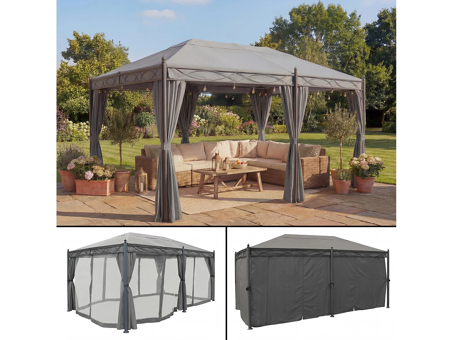 Gazebo pergola baldacchino moderno elegante Cadice acciaio poliestere 5x3m grigio con zanzariere e tende