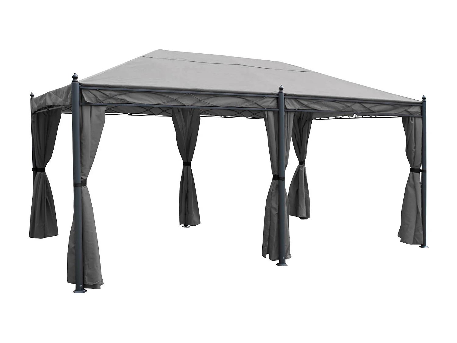 Gazebo pergola baldacchino moderno elegante Cadice acciaio poliestere 5x3m grigio con zanzariere e tende