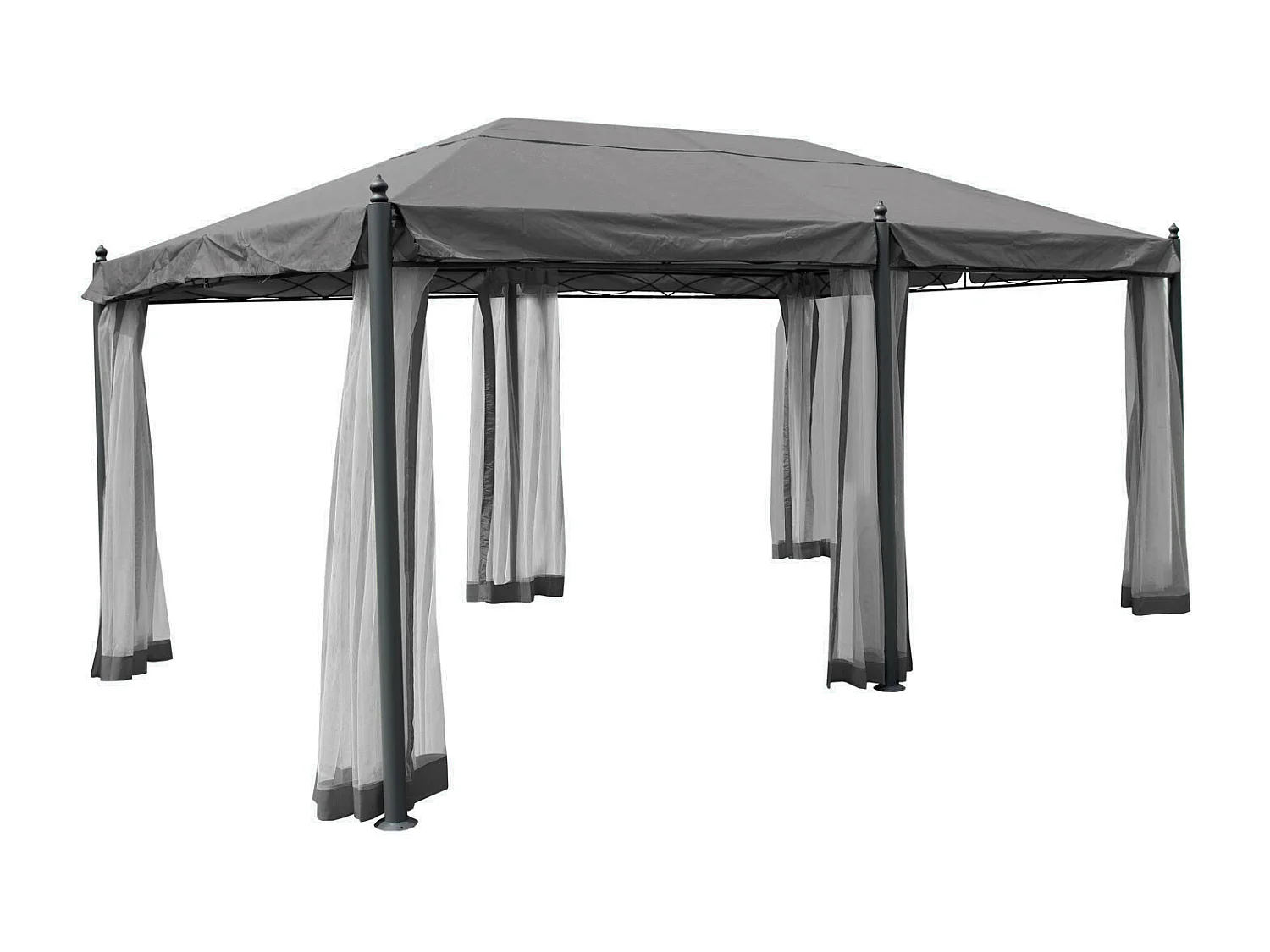 Gazebo pergola baldacchino moderno elegante Cadice acciaio poliestere 5x3m grigio con zanzariere e tende