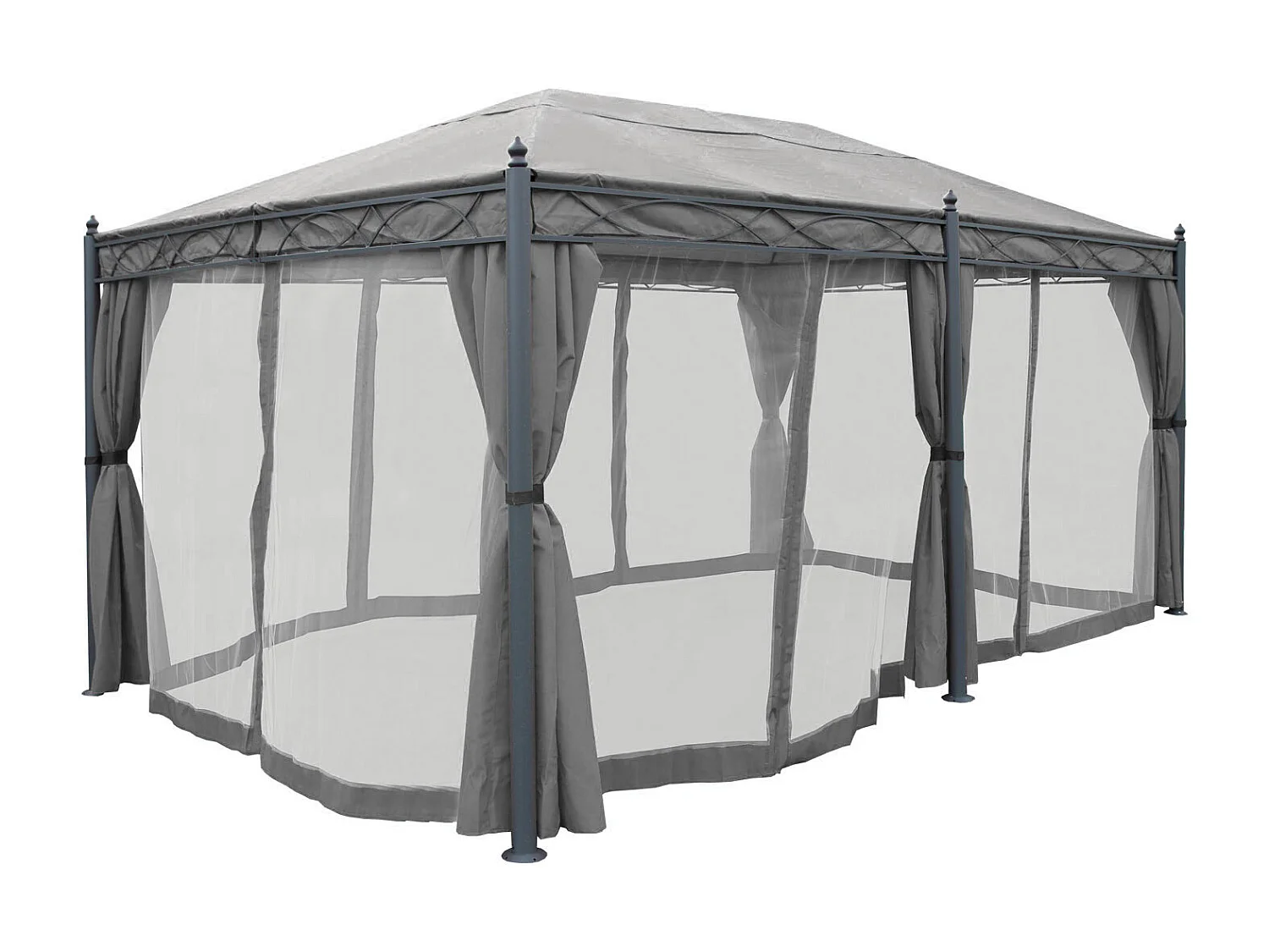 Gazebo pergola baldacchino moderno elegante Cadice acciaio poliestere 5x3m grigio con zanzariere e tende