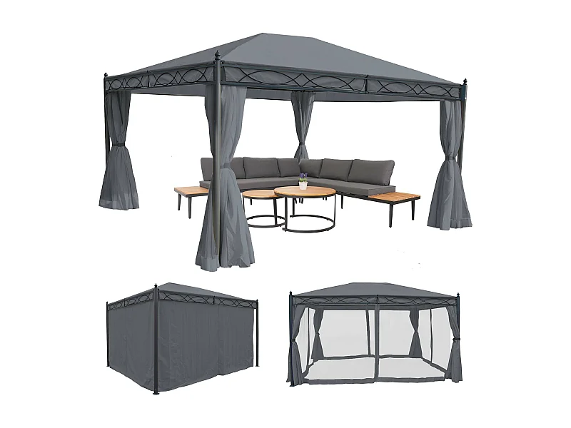 Gazebo pergola baldacchino moderno elegante Cadice acciaio poliestere 4x3m grigio con zanzariere e tende