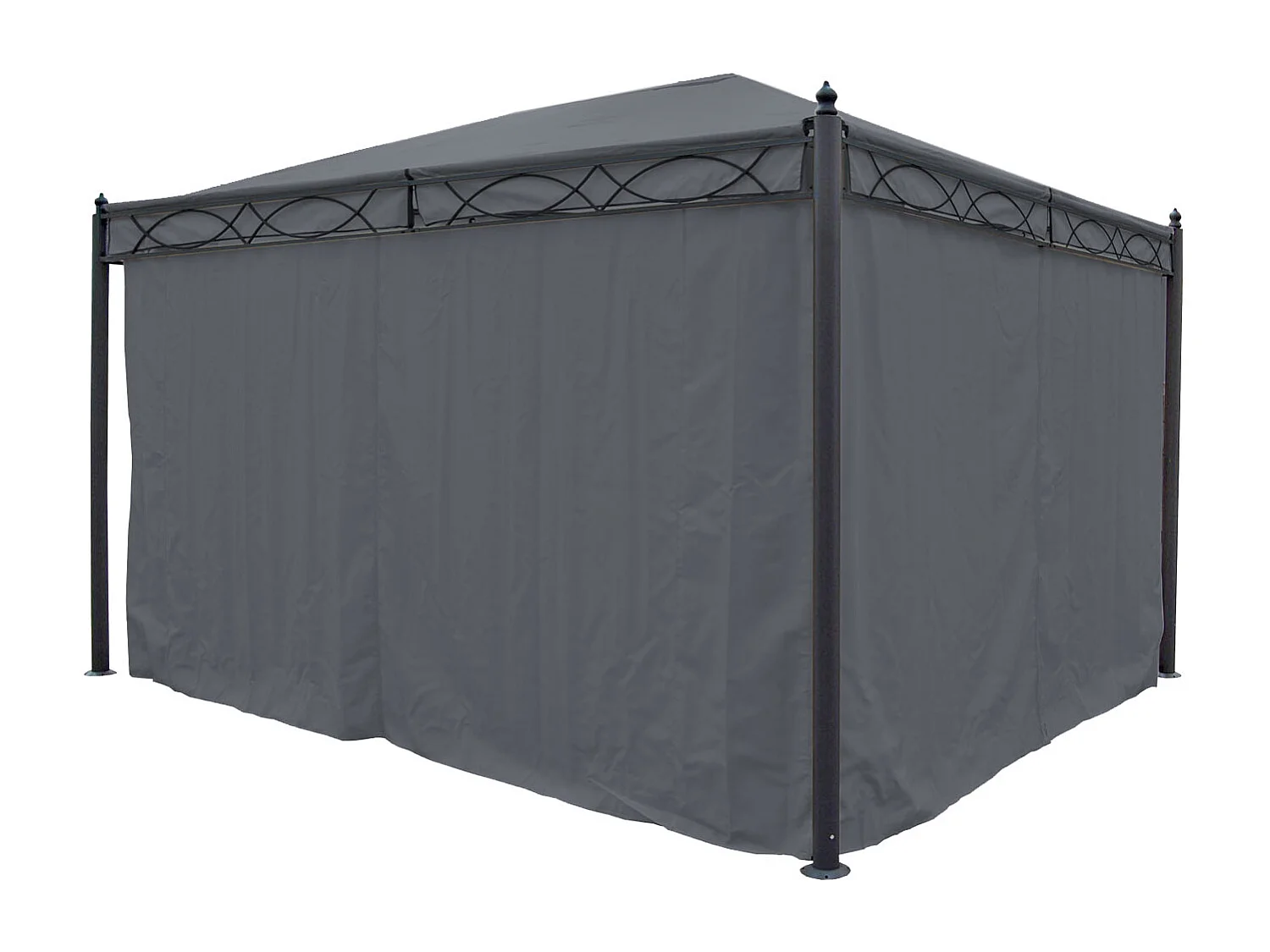 Gazebo pergola baldacchino moderno elegante Cadice acciaio poliestere 4x3m grigio con zanzariere e tende