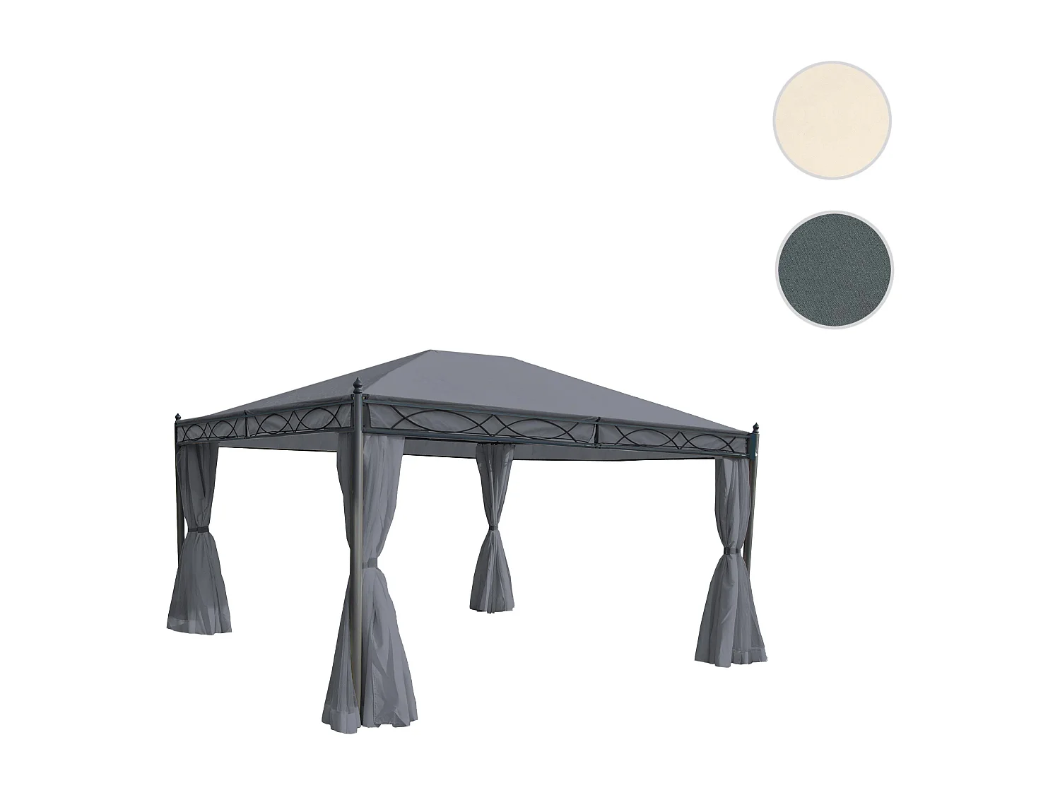 Gazebo pergola baldacchino moderno elegante Cadice acciaio poliestere 4x3m grigio con zanzariere e tende