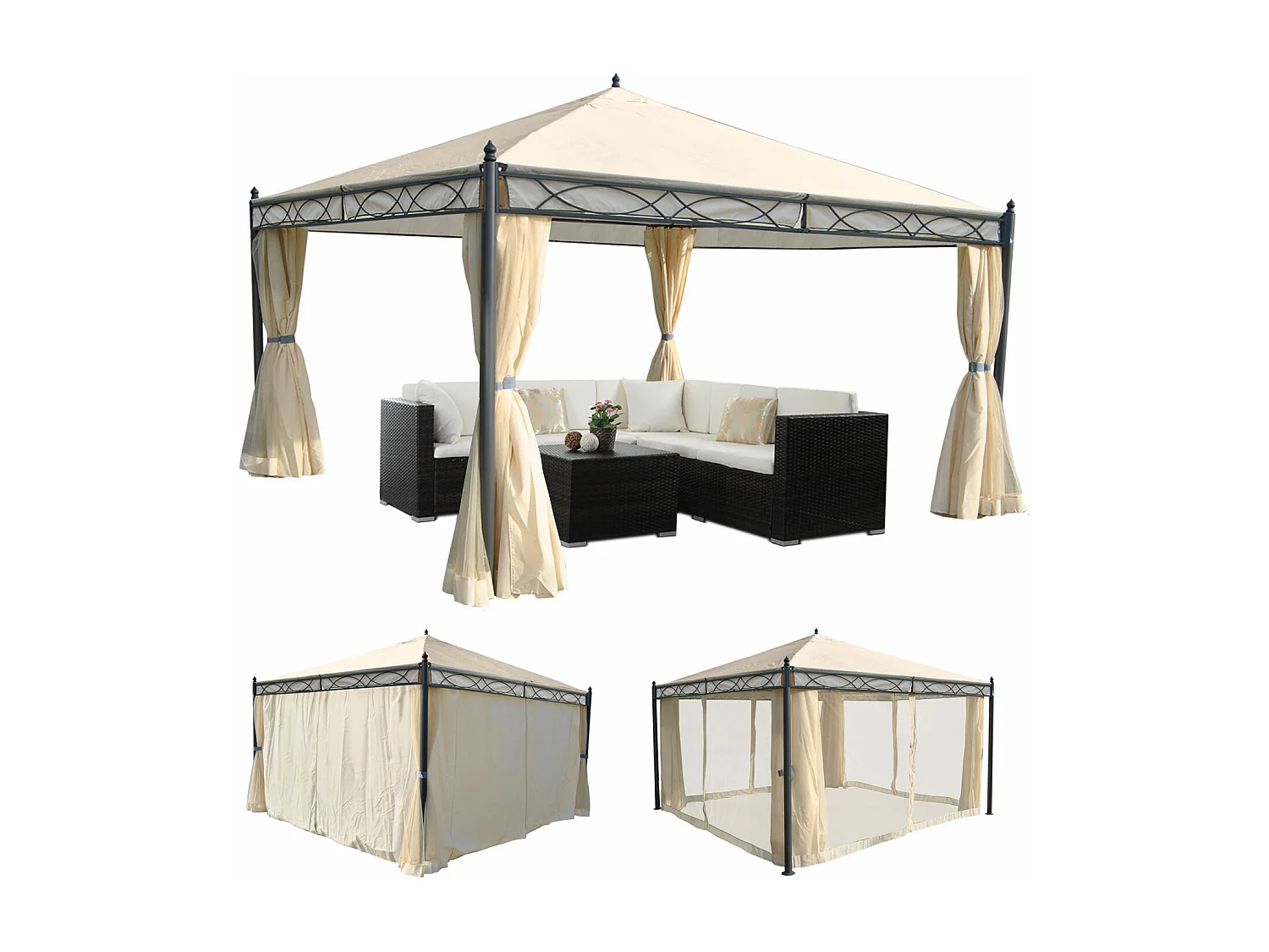 Gazebo pergola baldacchino moderno elegante Cadice acciaio poliestere 4x4m avorio con tende e zanzariere