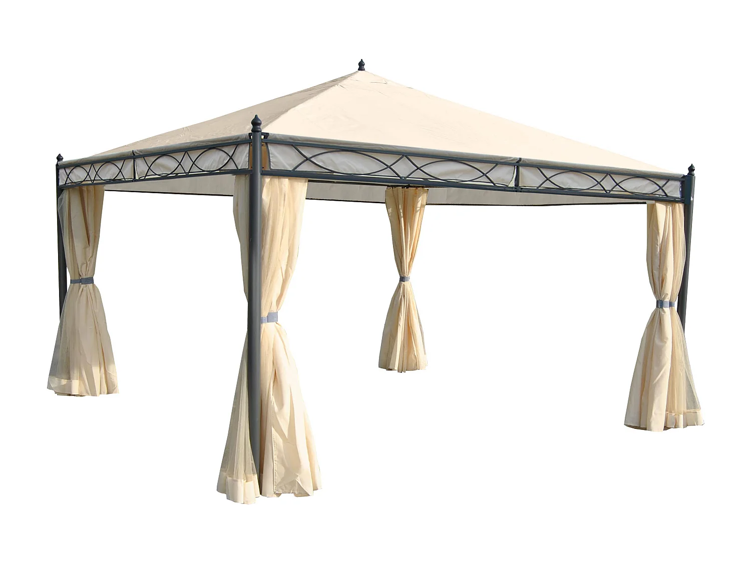 Gazebo pergola baldacchino moderno elegante Cadice acciaio poliestere 4x4m avorio con tende e zanzariere
