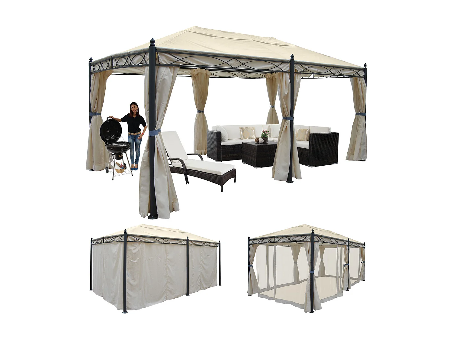 Pergola Calpe IV, Creme mit Seitenwand + Moskitonetz