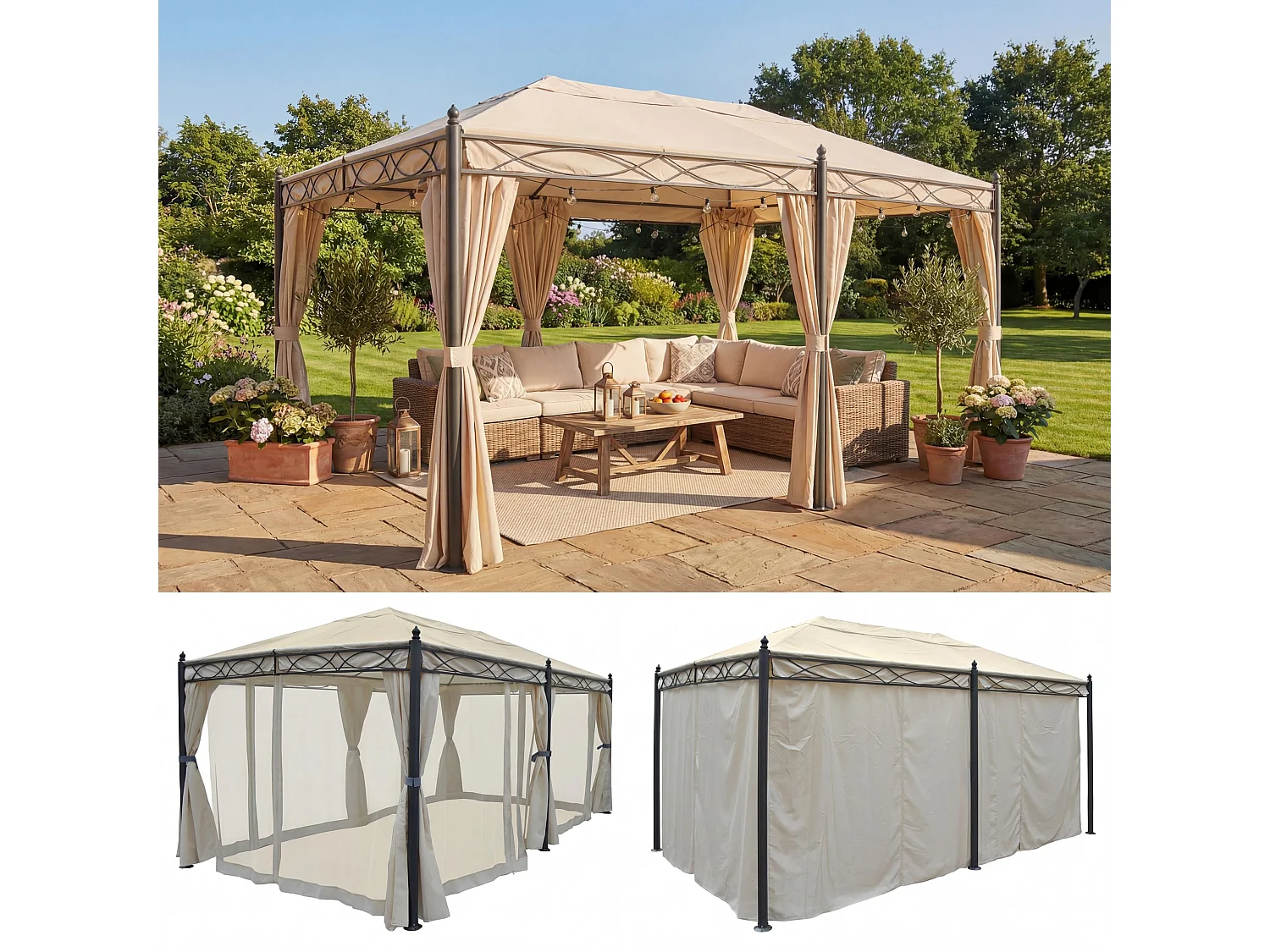 Gazebo pergola baldacchino moderno elegante Cadice acciaio poliestere 5x3m avorio con zanzariere e tende
