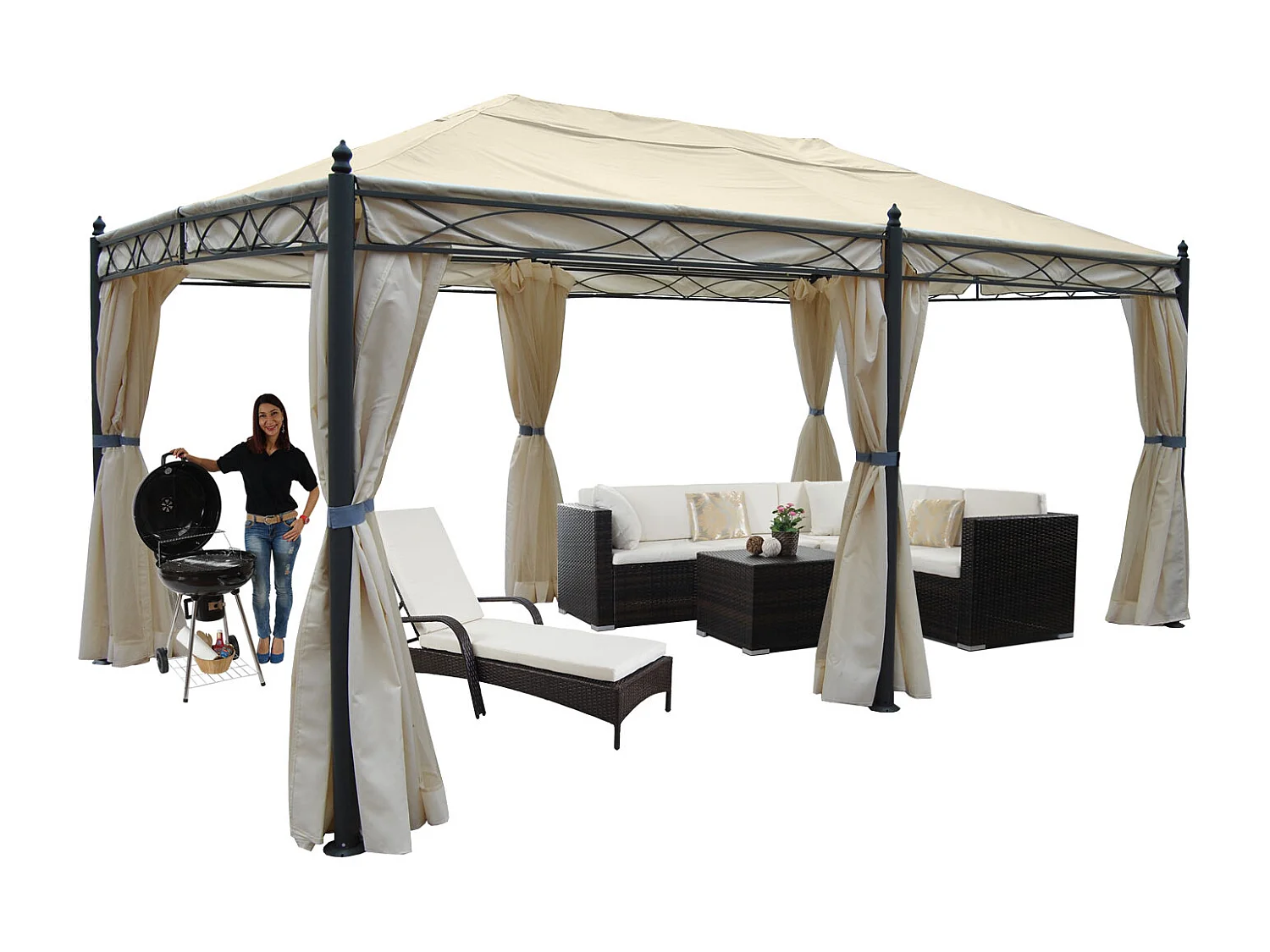 Gazebo pergola baldacchino moderno elegante Cadice acciaio poliestere 5x3m avorio con zanzariere e tende