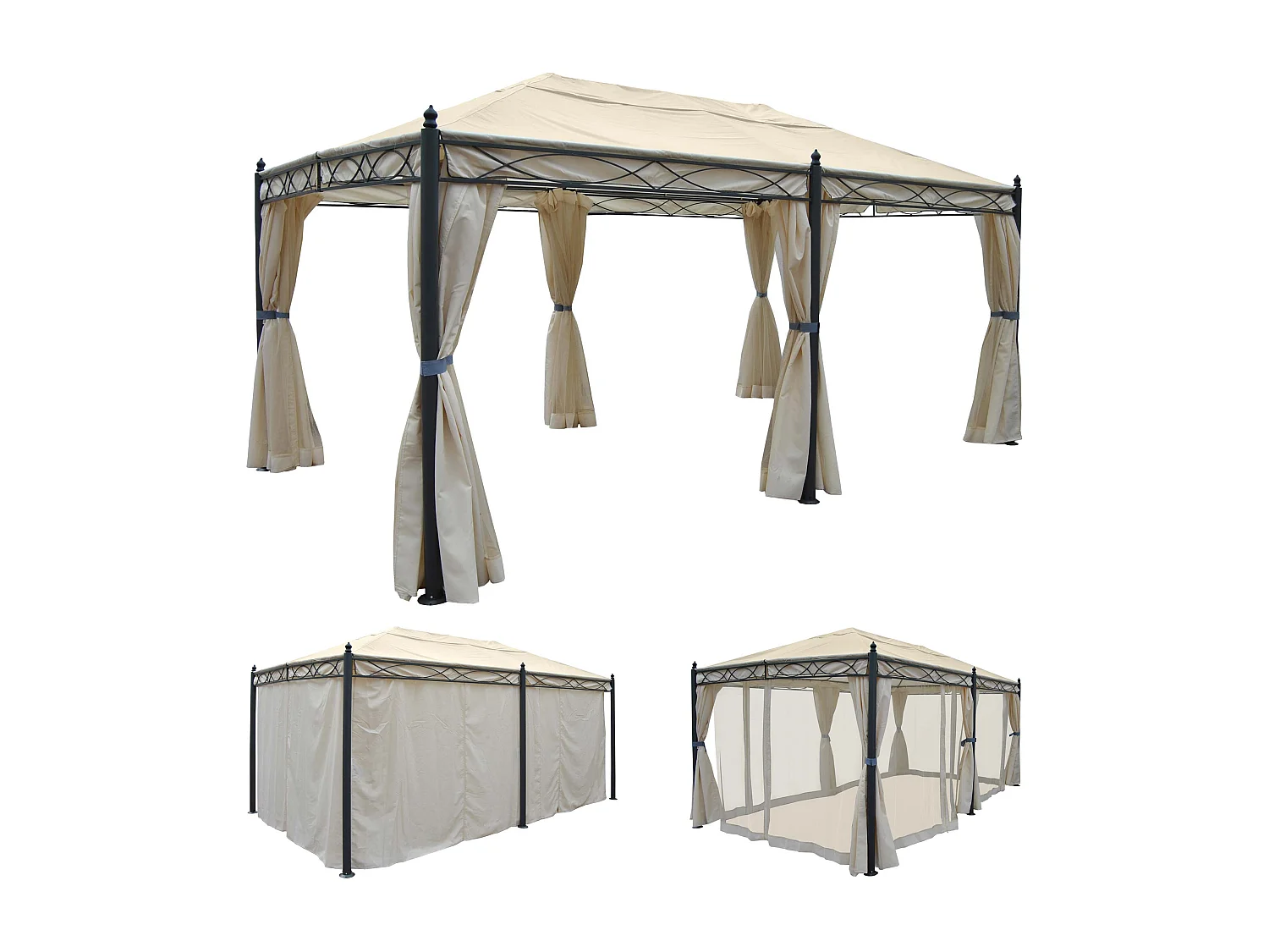 Gazebo pergola baldacchino moderno elegante Cadice acciaio poliestere 5x3m avorio con zanzariere e tende