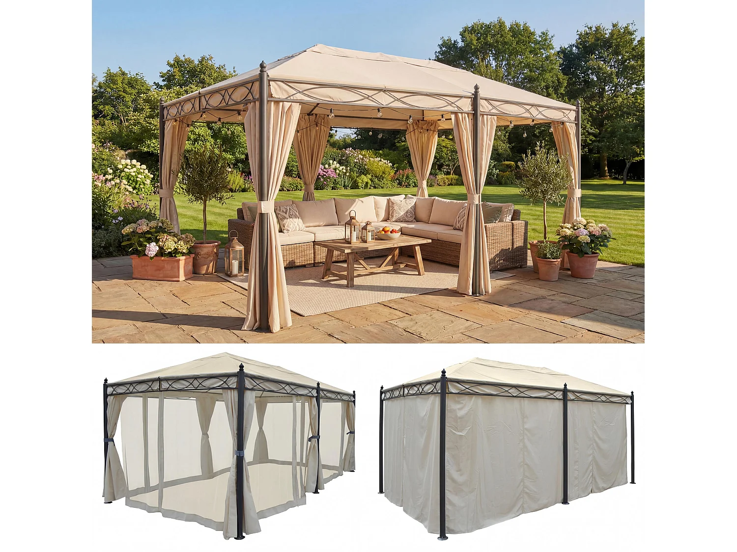 Pergola Calpe IV,  cremefarvet med sidevæg + myggenet