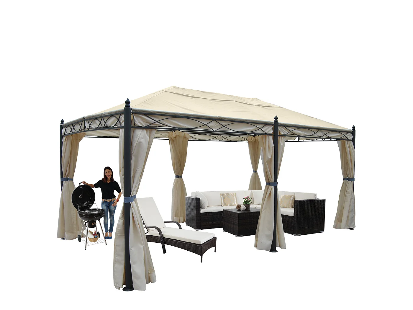 Pergola Calpe IV,  cremefarvet med sidevæg + myggenet