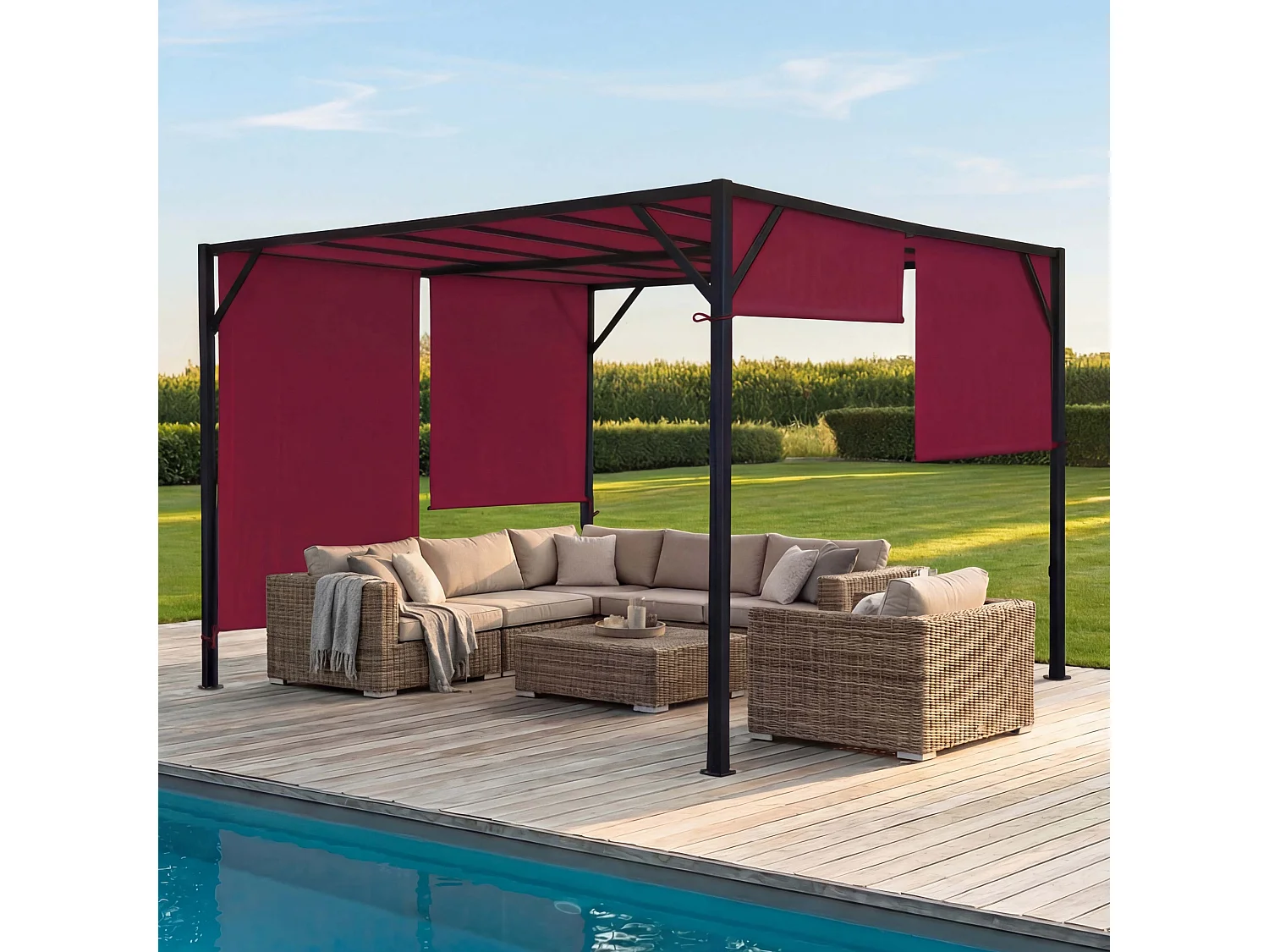 Pergola Baia, Garten Pavillon Terrassenüberdachung, stabiles 6cm-Stahl-Gestell + Schiebedach bordeaux-rot, 4x4m