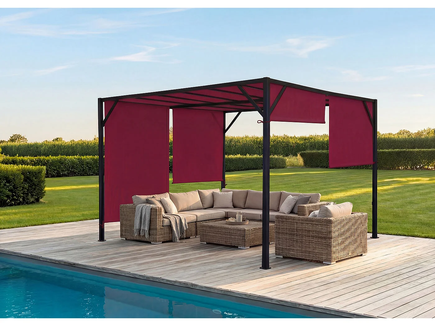 Pergola Baia, Garten Pavillon Terrassenüberdachung, stabiles 6cm-Stahl-Gestell + Schiebedach bordeaux-rot, 4x4m