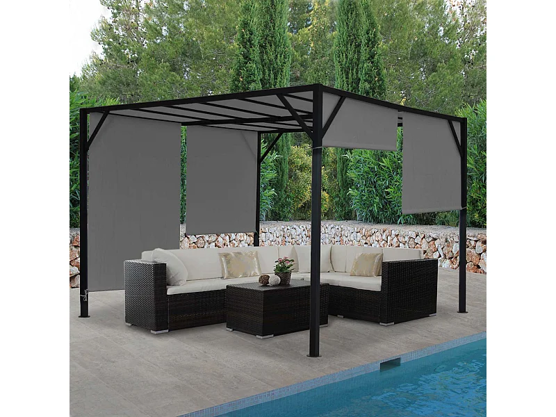 Gazebo pergola regolabile baldacchino moderno elegante giardino patio Baia acciaio poliestere 4x4m grigio