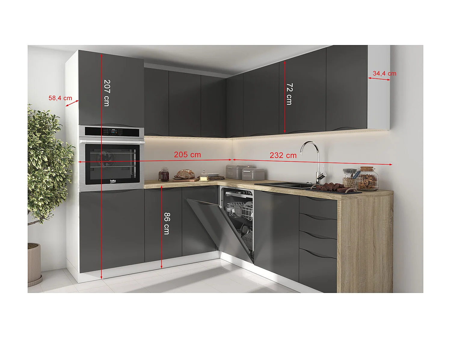 WINKELKÜCHE Napoli weiß matt / RAL 7012 basaltgrau (K5), Arbeitsplatte Eiche Sonoma 228/ 205 / 207cm 11-teilig