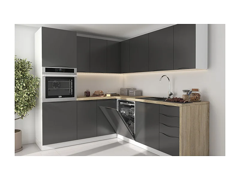 WINKELKÜCHE Napoli weiß matt / RAL 7012 basaltgrau (K5), Arbeitsplatte Eiche Sonoma 228/ 205 / 207cm 11-teilig