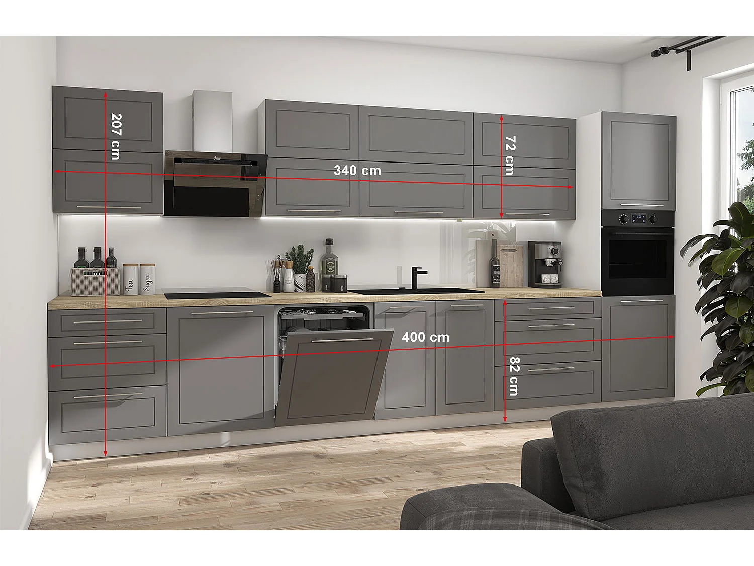 KÜCHENLEERBLOCK Kvantum weiß matt / dust grey matt 400 / 59 / 207cm 14-teilig