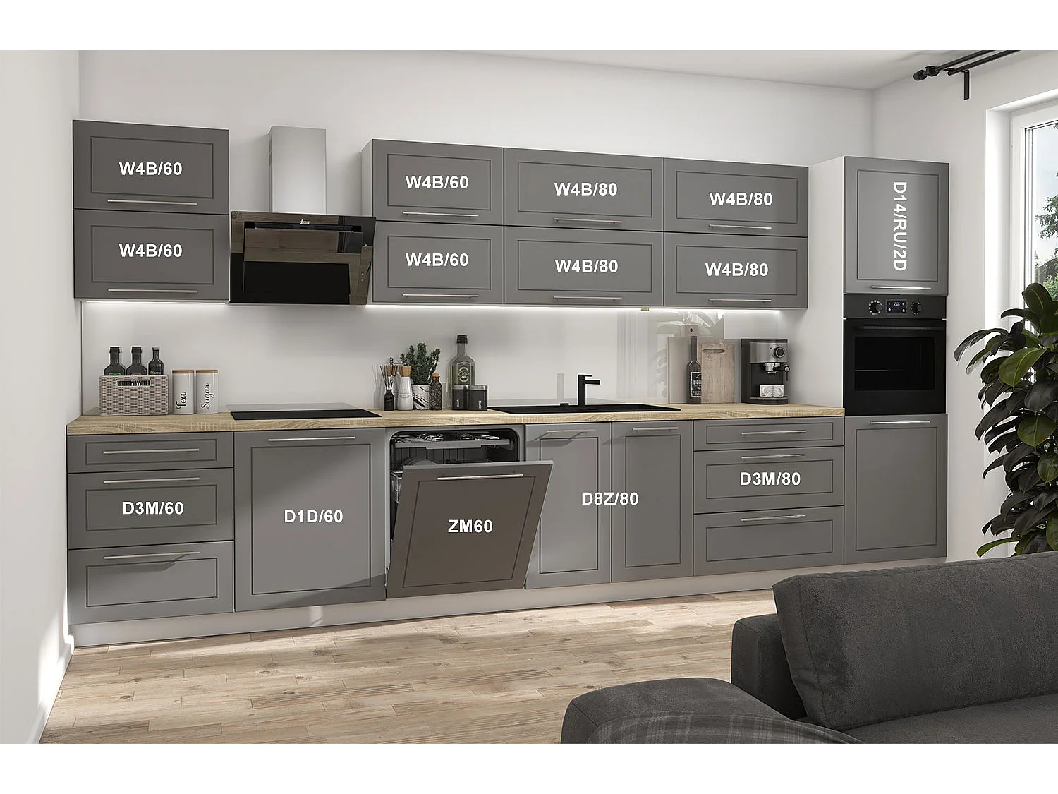 KÜCHENLEERBLOCK Kvantum weiß matt / dust grey matt 400 / 59 / 207cm 14-teilig