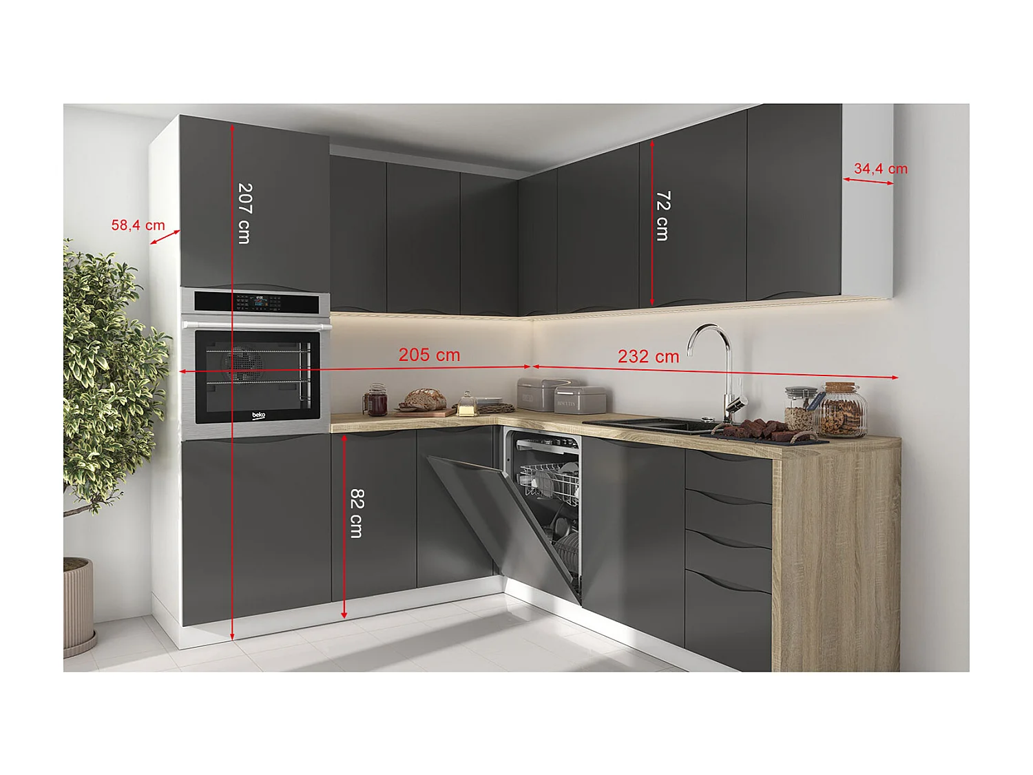 WINKELKÜCHE Napoli weiß matt / RAL 7012 basaltgrau (K5) 228/ 205 / 207cm 11-teilig