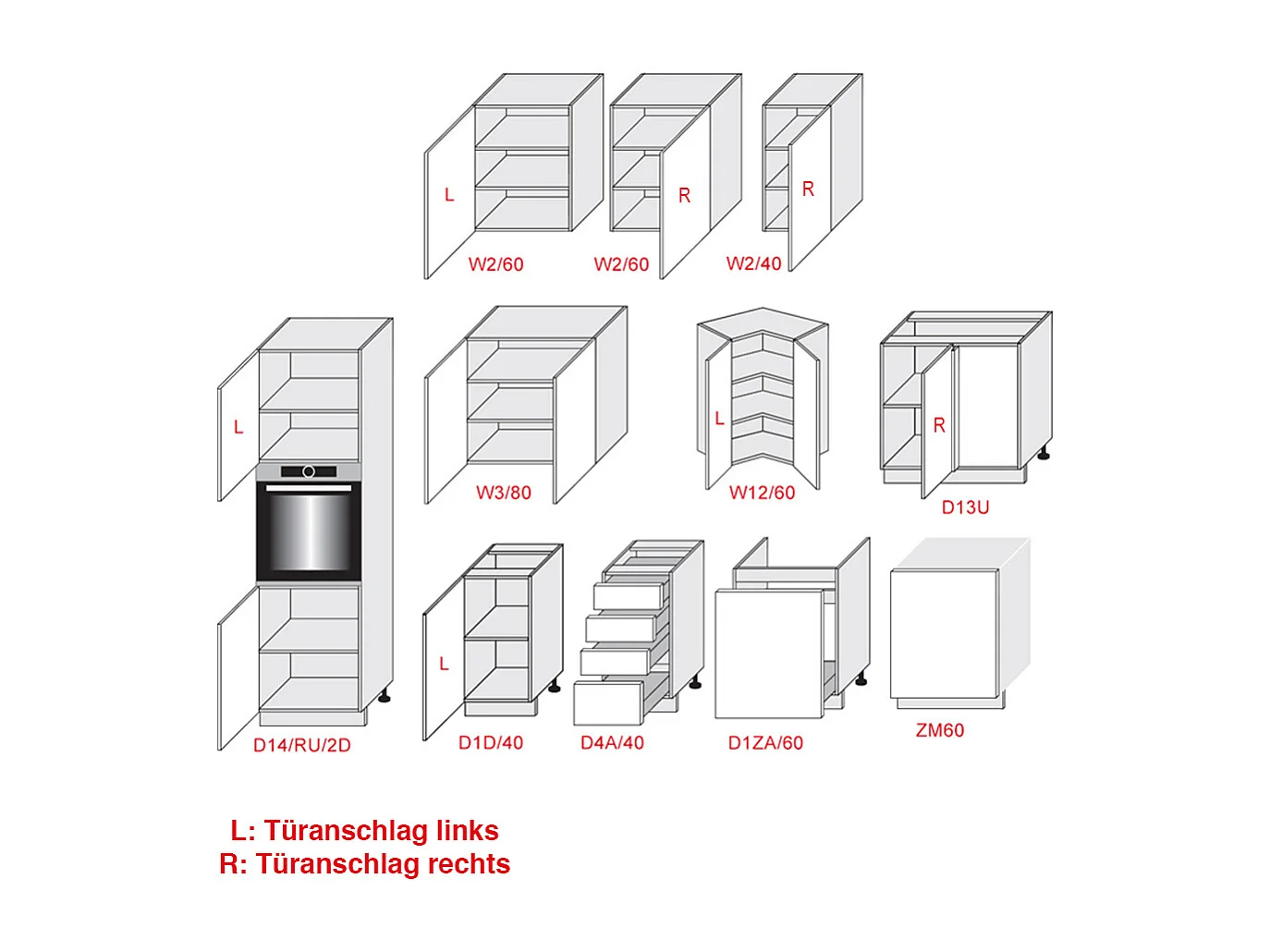 WINKELKÜCHE Napoli weiß matt / RAL 7012 basaltgrau (K5) 228/ 205 / 207cm 11-teilig