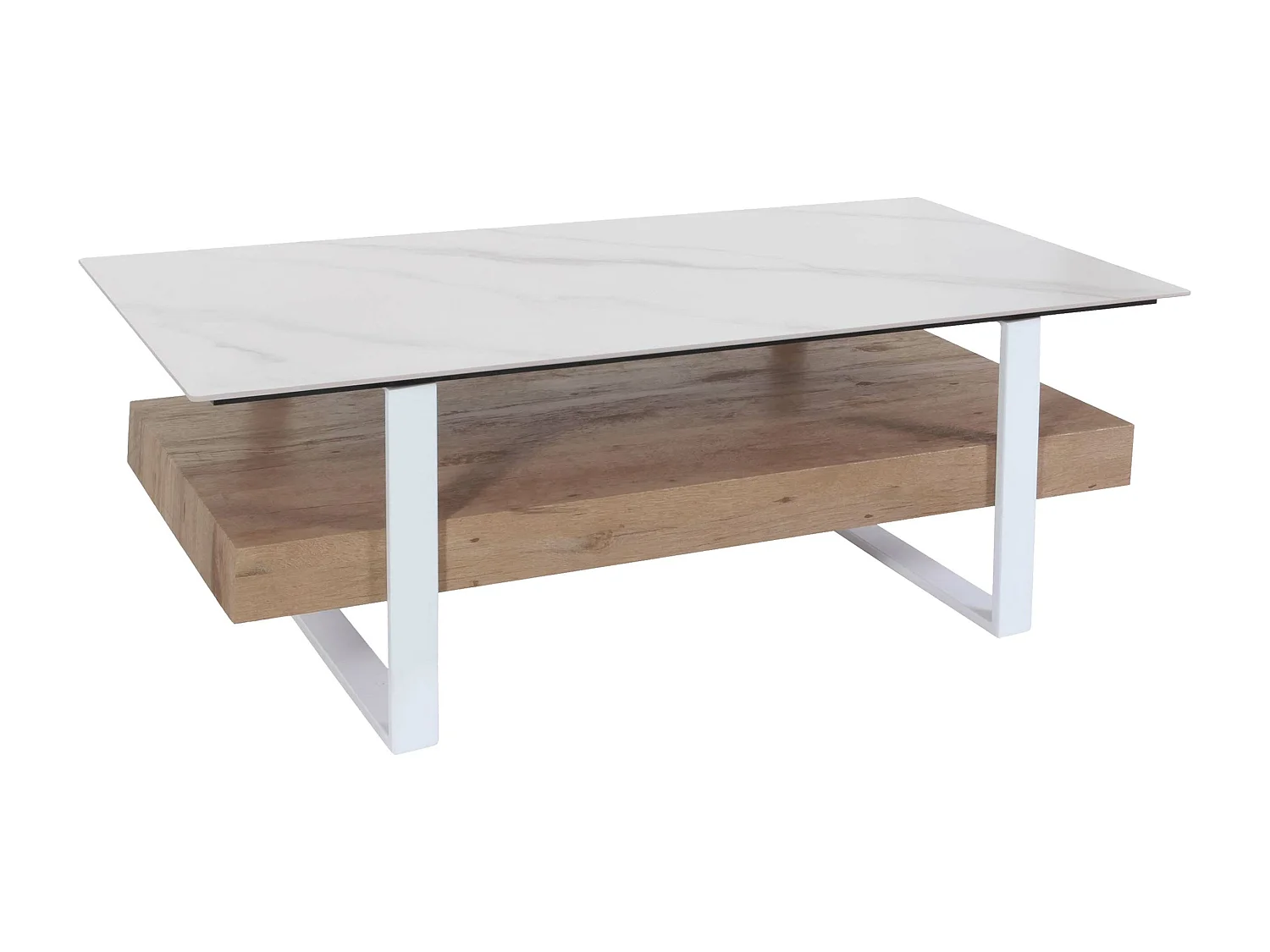 Tavolino salotto divano MCW-L88 43x120x60cm pietra sinterizzata MDF gambe bianche legno chiaro effetto marmo bianco